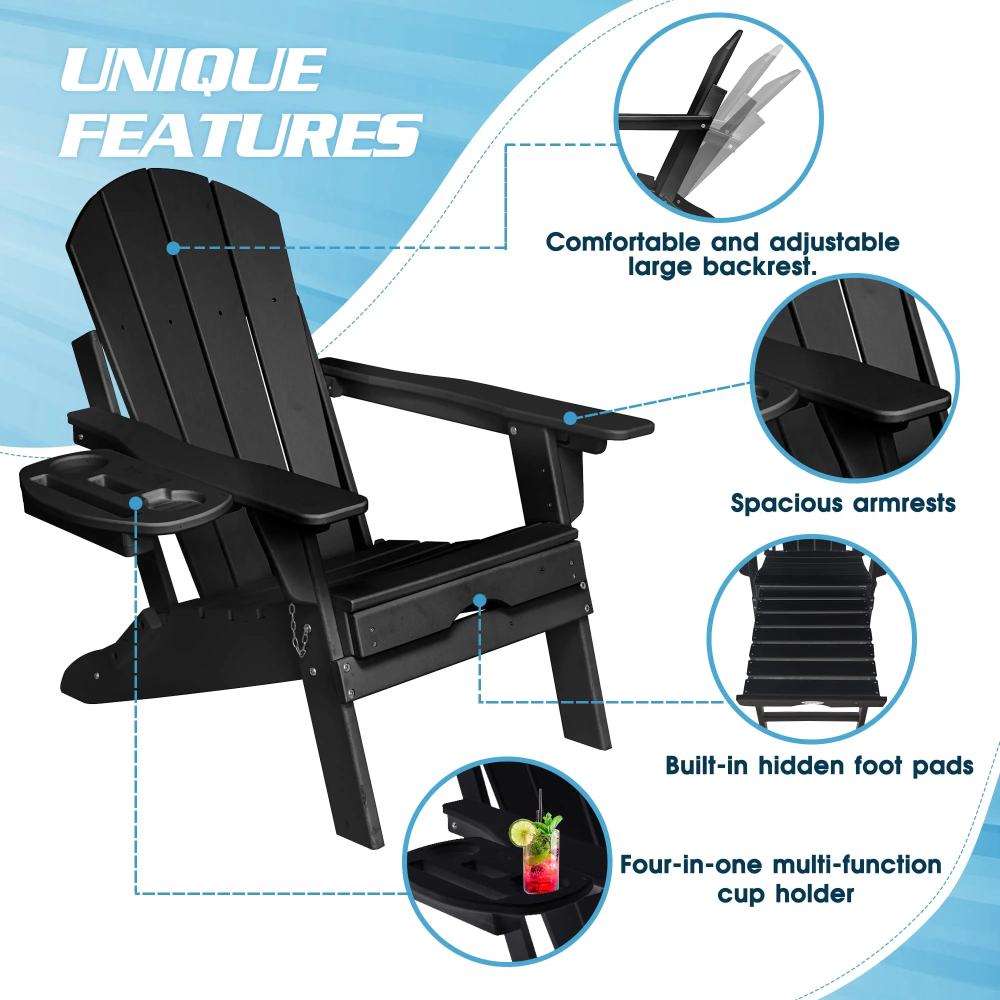 2PCS Folding Adirondack Chair with Retractable Ottoman, HDPE All-Weather Resistant Adjustable Backrest Adirondack Chair w/4 in 1 Cup Holder Trays, Black