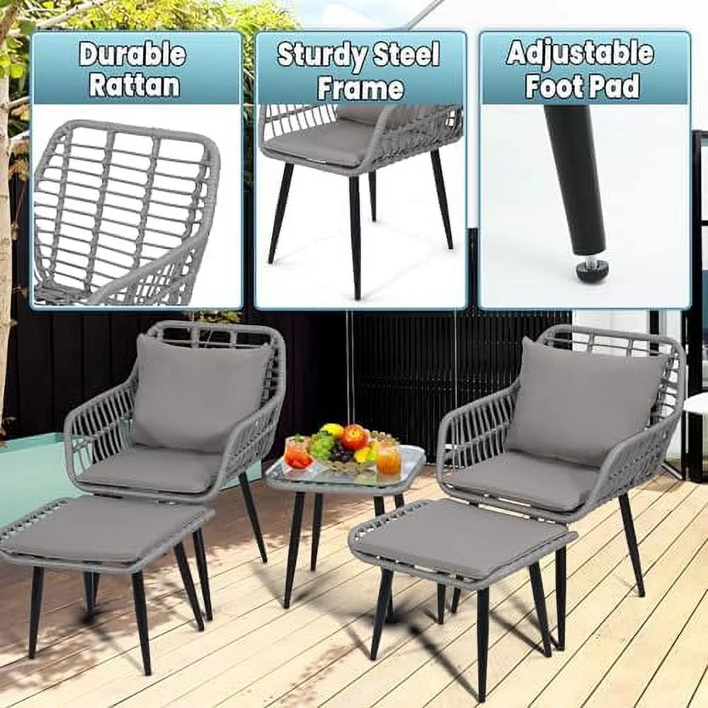 LNSETGC Outdoor Wicker Chairs and Table Bistro Conversation  Set  5 Pieces with Ottoman for Porch  Balcony  Deck  Patio  Backyard  Natural Color