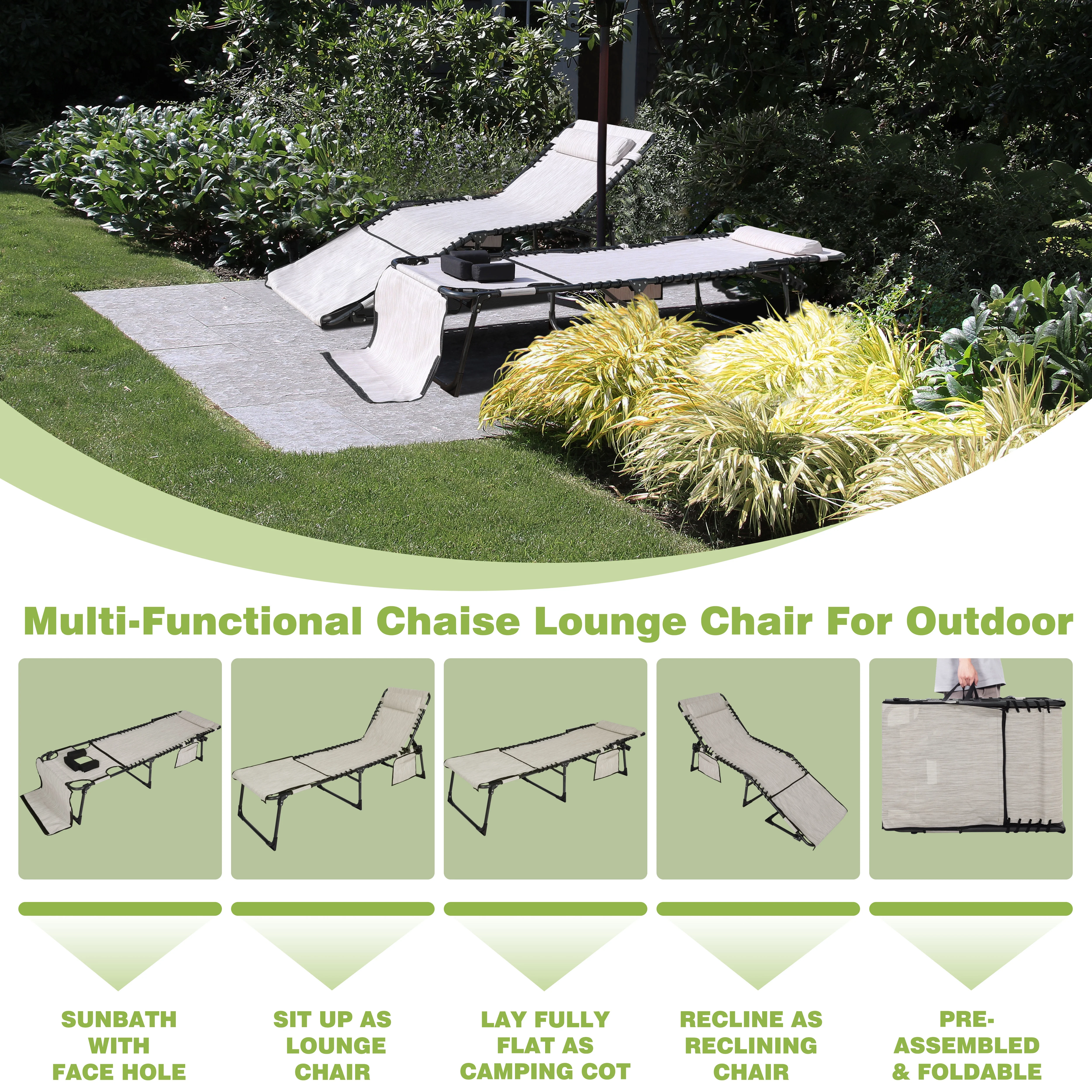 VEIKOUS Tanning Chair, 5-Position Adjustable Sunbath Lounge Chair w/Face & Arm Hole, Pillow & Pocket, Cream White