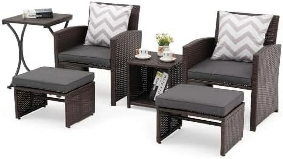 LNSETGC 6 Piece Patio Wicker  Set  Balcony All Weather Rattan Chair  with Space Saving Ottoman  Resin Nesting Coffee Table  Modern Design  Dark Grey