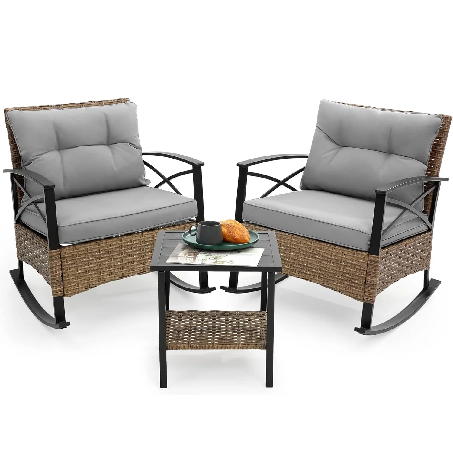 Homefun 3 Piece Patio Rocking Bistro Set, PE Rattan Rocking Chairs Set of 2 and Steel Side Table, Outdoor Furniture Conversation Set with Cushion for Patio Lawn Garden Cafe Pub