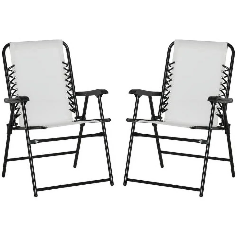 LEIYEHOOM Patio Folding Chairs  Outdoor Bungee Sling Chairs w/ Armrests  Portable Lawn Chairs for Camping  Garden  Pool  Beach  Backyard  Cream White