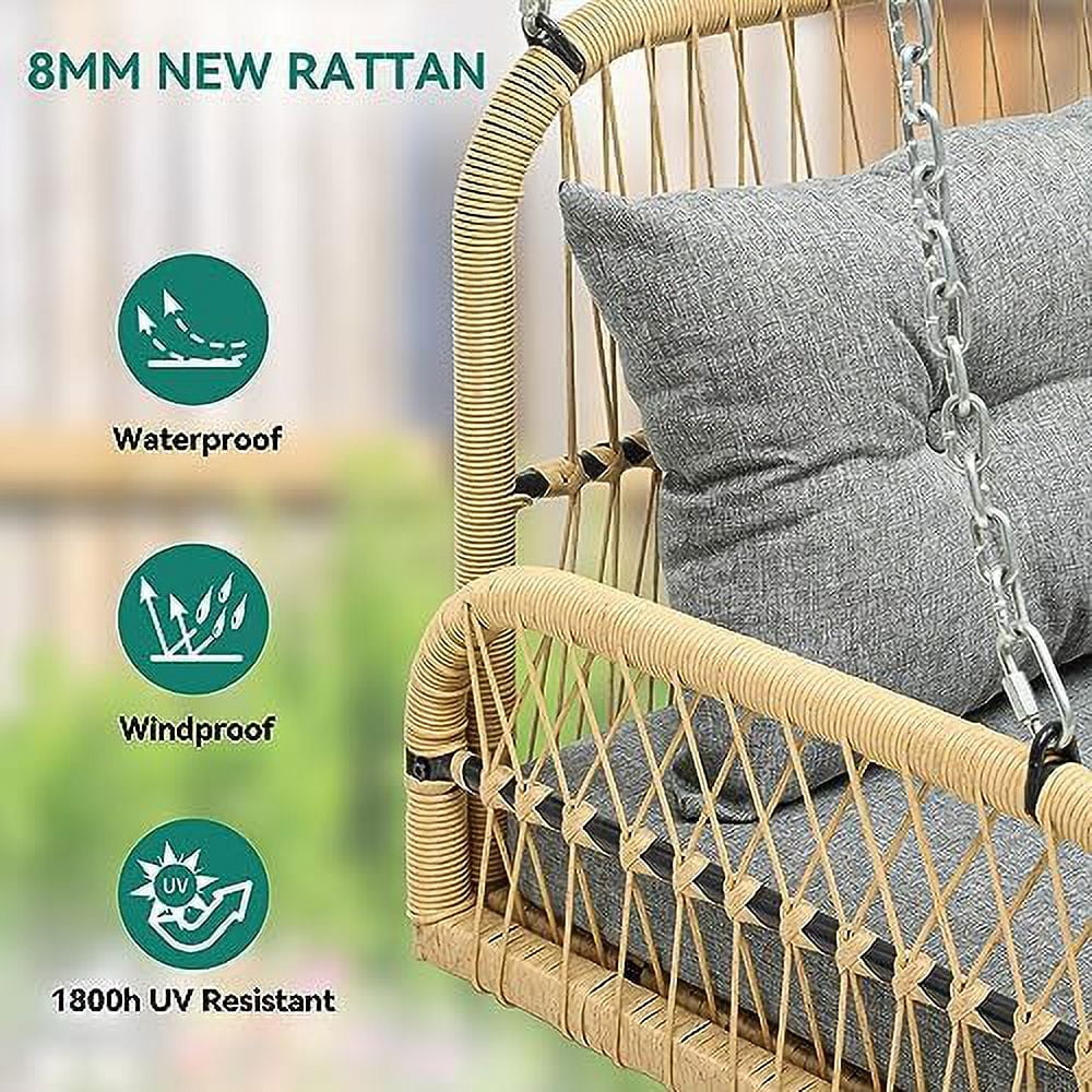 CHTYVC Wicker Hanging Porch Swing Chair Outdoor Brown Rattan Patio Swing Lounge w/ 2 Back Cushions Capacity 530lbs for Garden  Balcony  Living Room  Beige