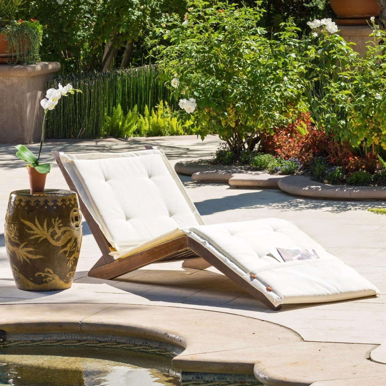 Midori Mahogany Wood Folding Chaise Lounger Chair with Cream Cushion