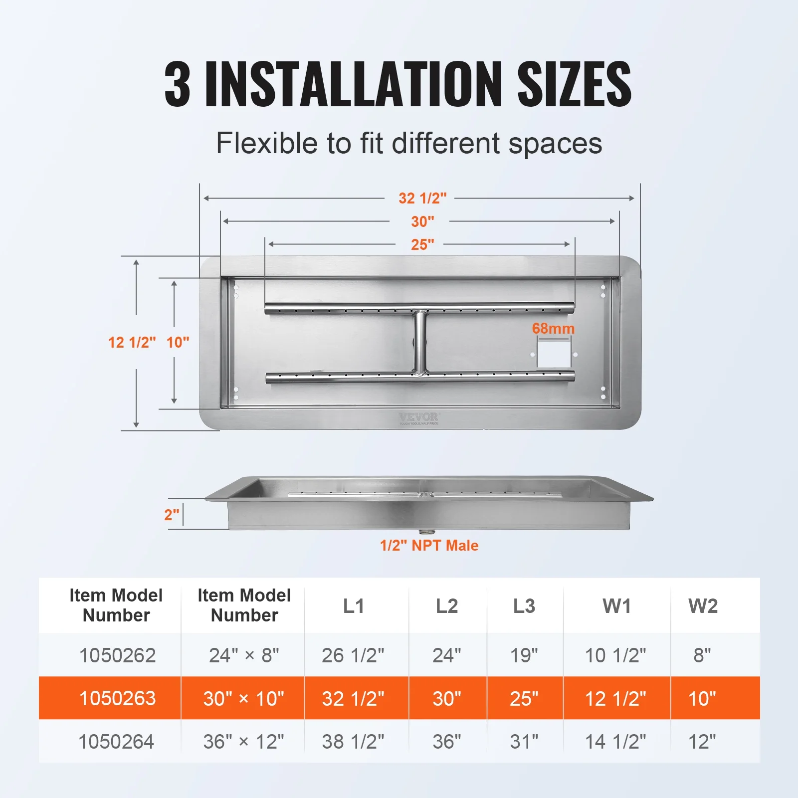 BENTISM 30x10 inch Drop-in Fire Pit Pan Fire Pit H-shape Burner Kit 125,000 BTU