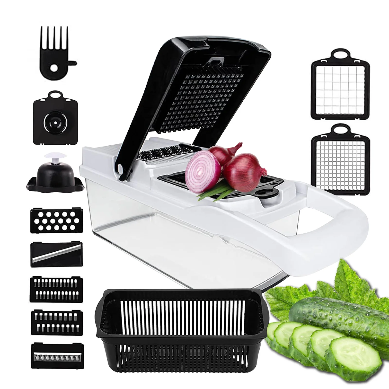 Vegetable 11 in 1 Chopper, Heavy Duty Mandoline Slicer Potato Onion Chopper Food Chopper Veggie Chopper with Vegetable Peeler, Hand Guard and Container.