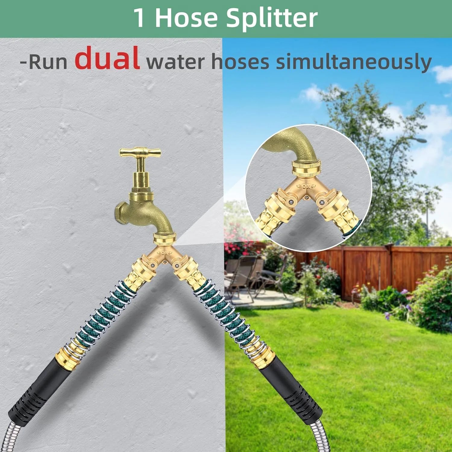 Metal Garden Hose 50ft  Liffey 304 Stainless Steel Water Hose With 2 Hose Extension Adapter  2-Ways Hose Splitter and 10-Function Nozzle  3/4‘‘ Fittings  Liffey Tangle & Kink