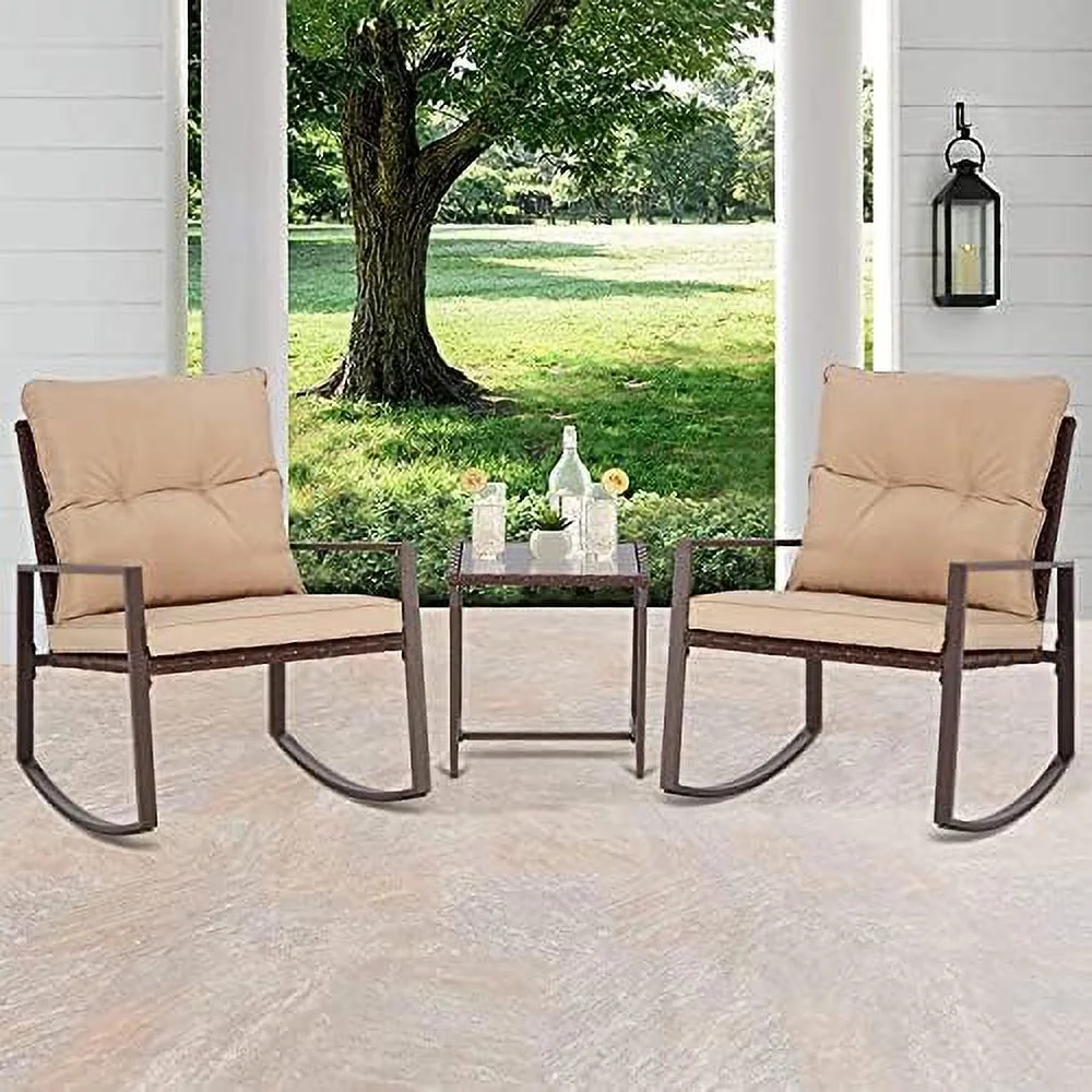 CHTYVC 3-Piece Patio  Outdoor Rocking Chairs Set Black Wicker Porch Chairs with Glass Coffee Table  Beige Cushion