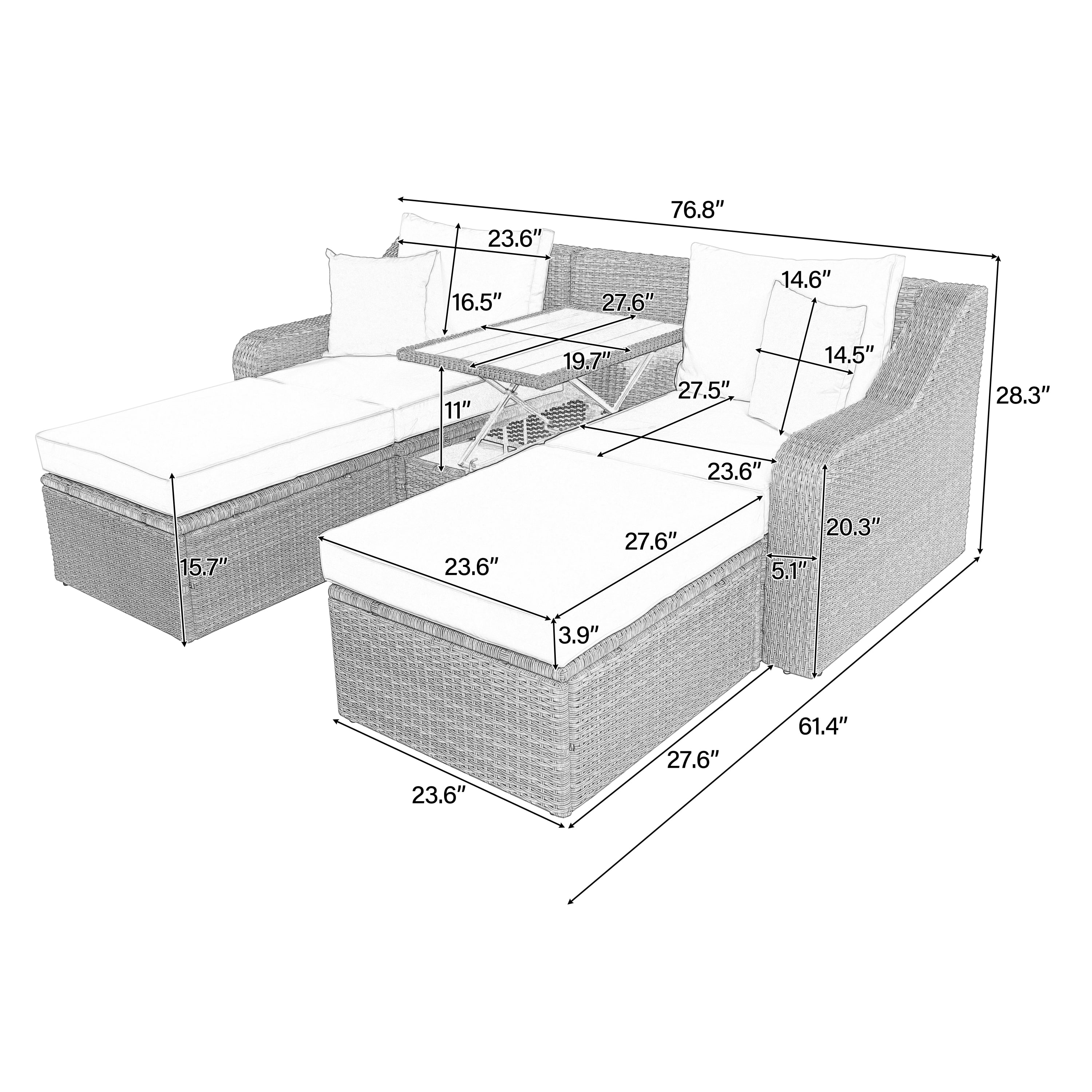 3-Piece Patio Furniture Sets, PE Wicker Rattan Sofa Conversation Chair, Patio Furniture Sofa with Cushions & Pillows & Ottomans & Lift Top Table , Blue