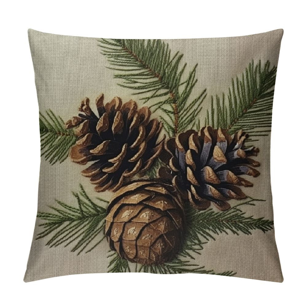 Wuche Decorative Pillow Cover Green Christmas Brown Pine Cone On White Holiday Xmas Nature Branch Spruce Fir Natural Celebration Throw Pillow Cover Square Cushion Case for Couch Bed Car White