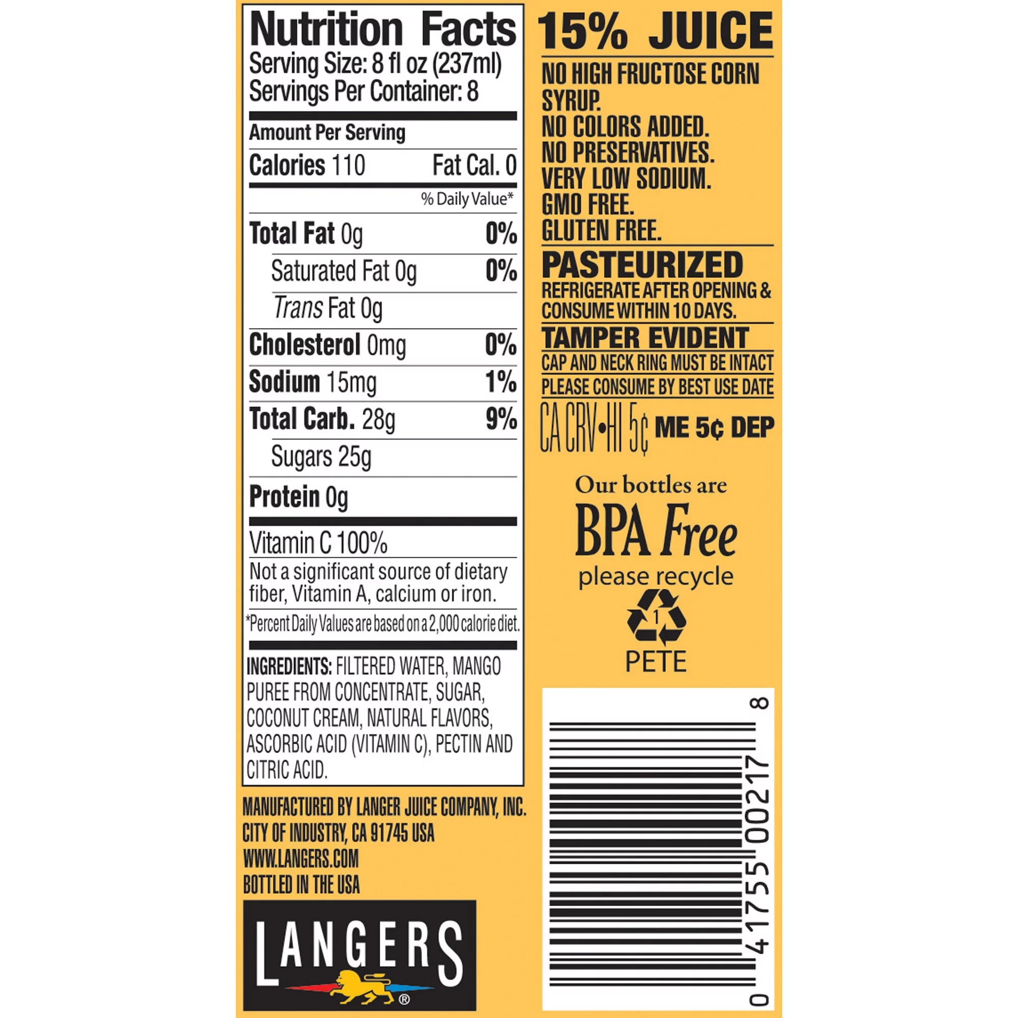 Langers Juice, Mango Coconut Nectar, 64 Fl Oz, 1 Count