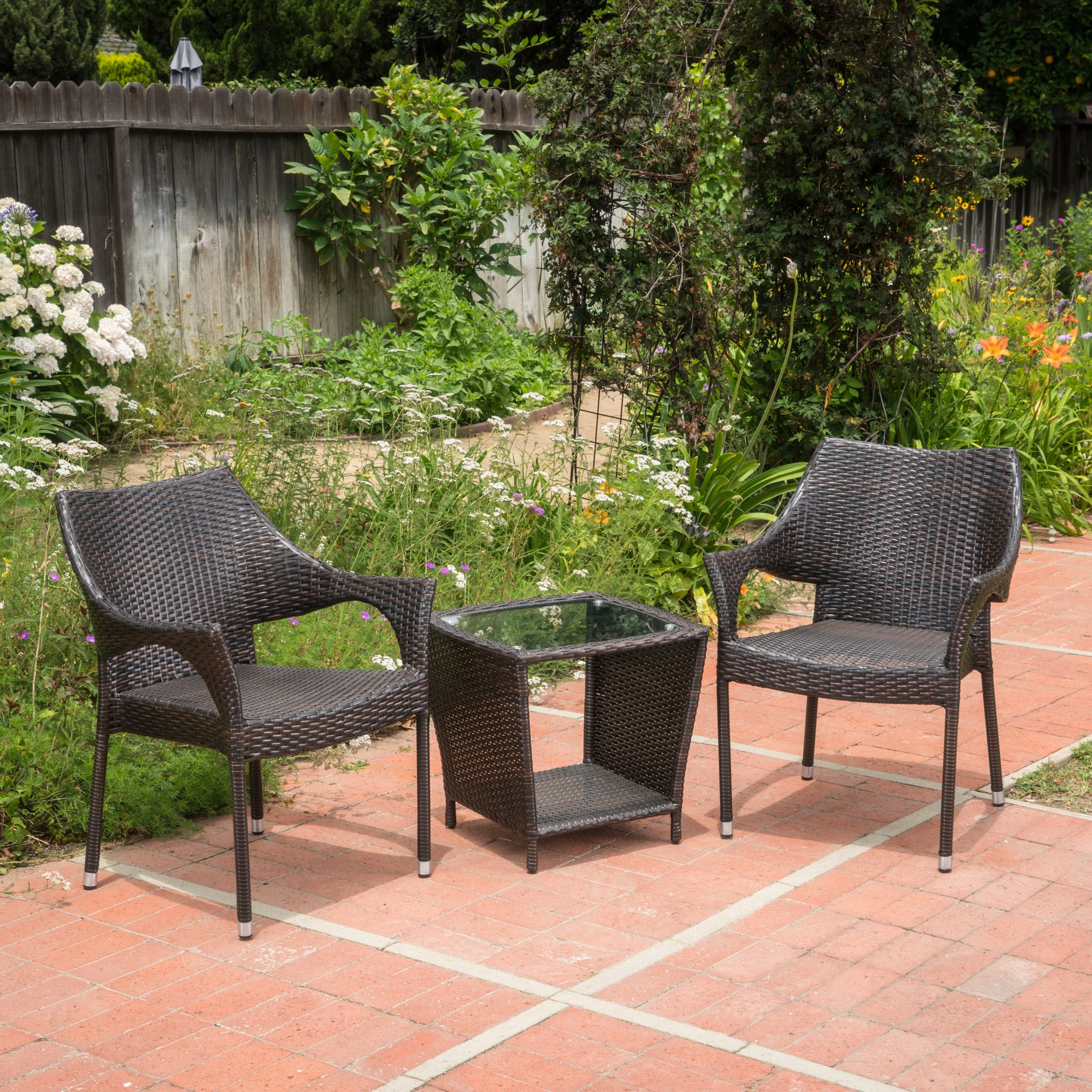 lfheimr Outdoor 3 Piece Wicker Stacking Chair Chat Set with Glass Table