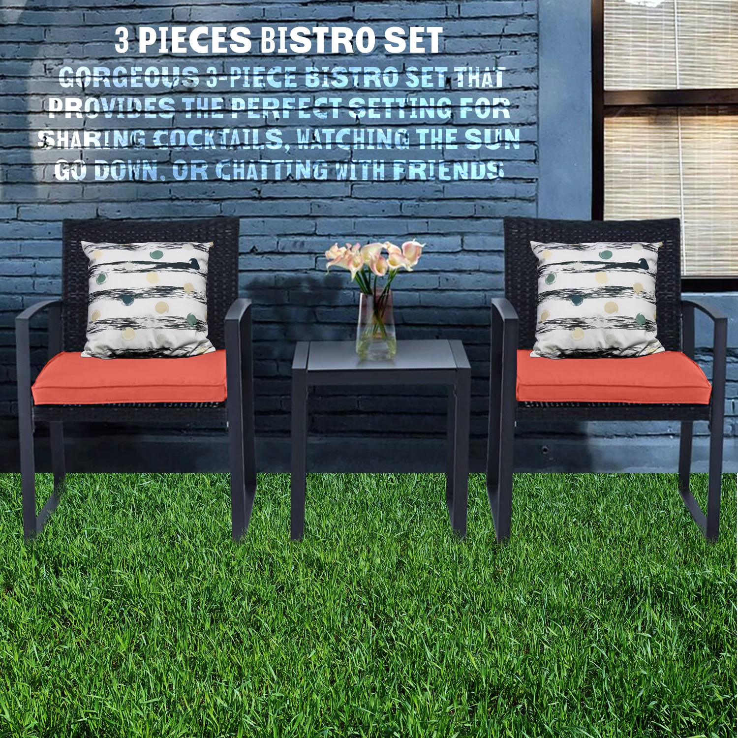 Patio Garden Balcony and Backyard3-Piece Conversation Black Wicker Furniture-Two Chairs with Glass Coffee Table Red