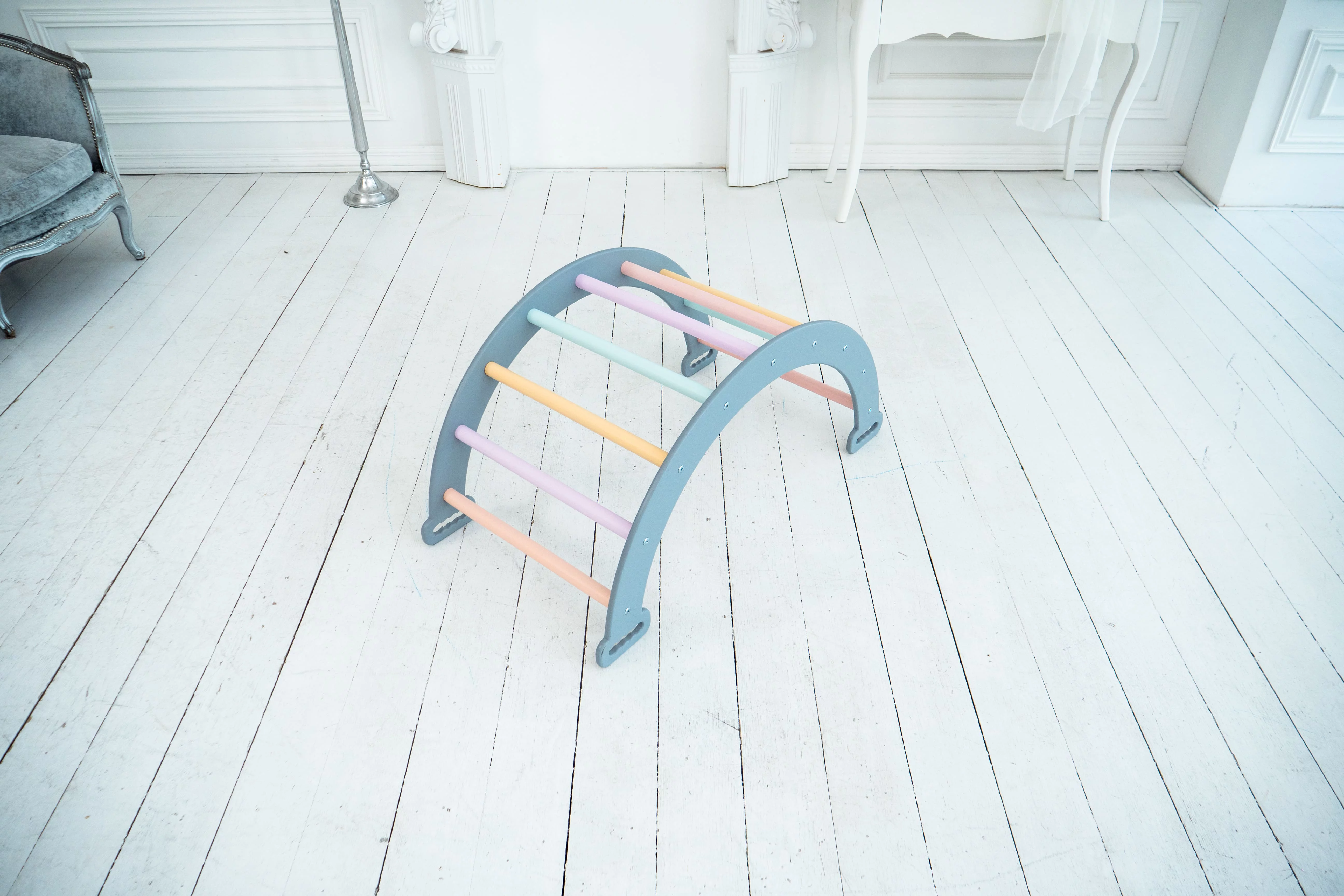 Woodandhearts Indoor Playground: Step Triangle & Toddler Ladder & Climbing Arch, Toddler Playing Room, Pastel and Gray color, Standard size, for Kids 2-6 years