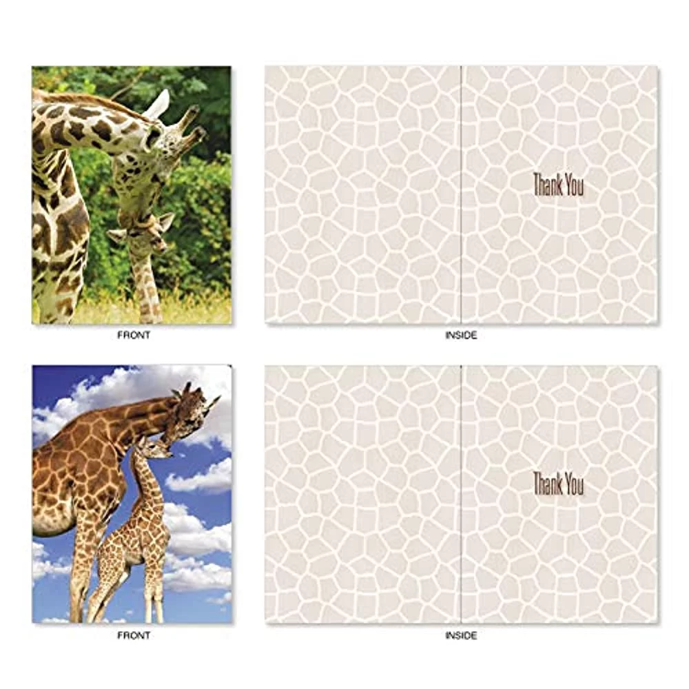 Kissing Giraffes - 10 Cute Thank You Note Cards with Envelopes (4 x 5.12 Inch) - Sweet Animals, Giraffe Greeting Notecard Set for Kids - Inspirational All Occasion Appreciation Card AM6843TYG-B1x10