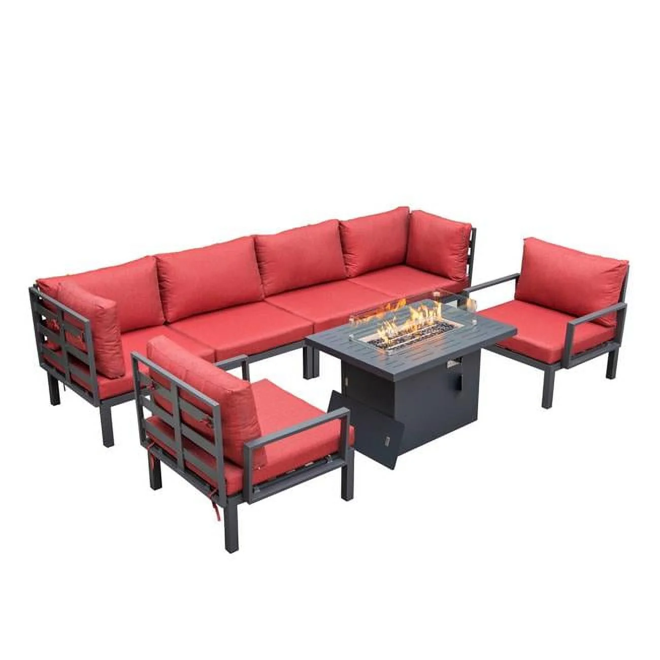 34.43 x 130.71 x 33.46 in. Hamilton Aluminum Patio Conversation Set with Fire Pit Table & Cushion, Red - 7 Piece