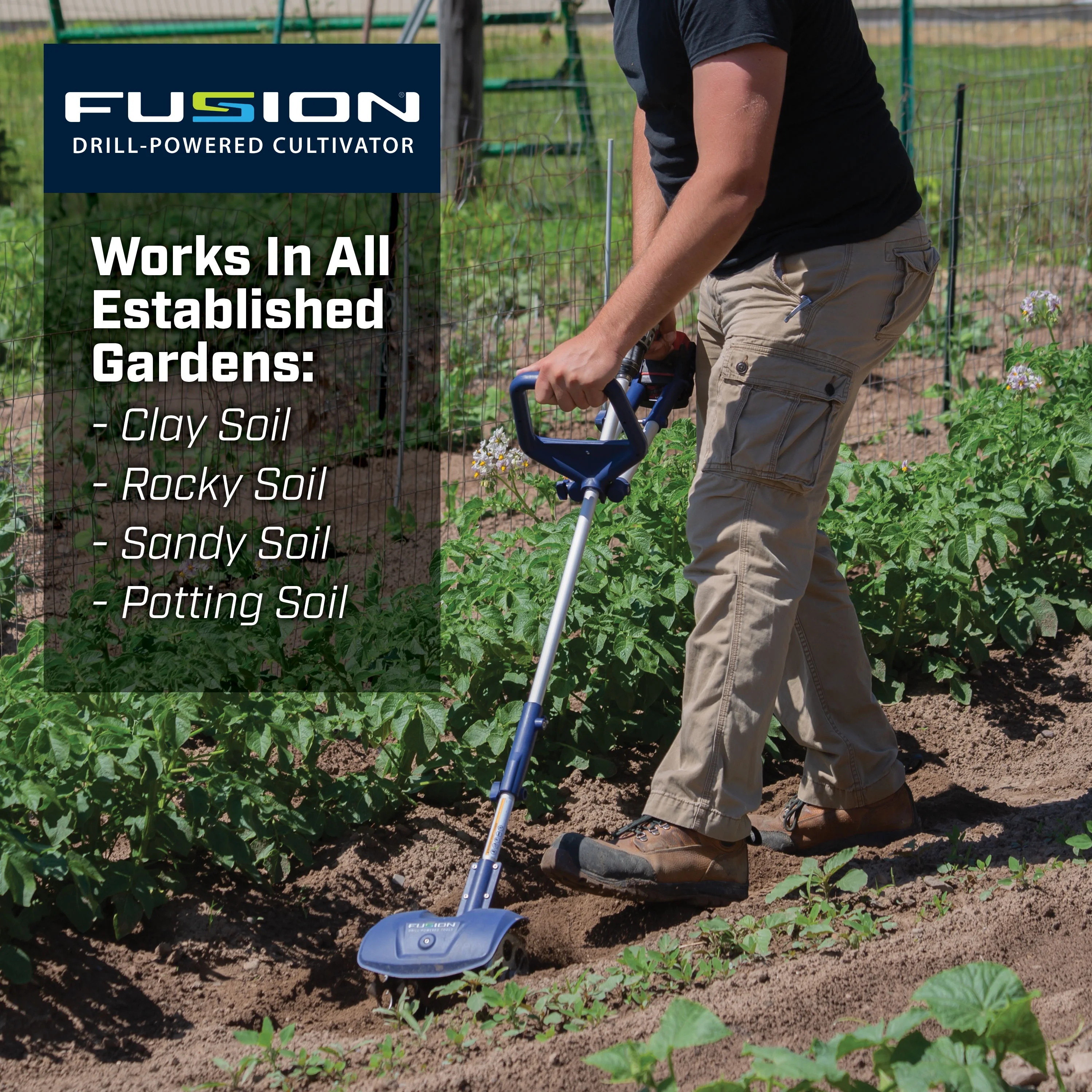 Fusion Drill-Powered Cultivator, Compatible With Most Cordless Drills, Adjustable Cultivating Width Up To 8”, Cultivating Depth Up To 5.5”, Adjustable Length, Model: 46007