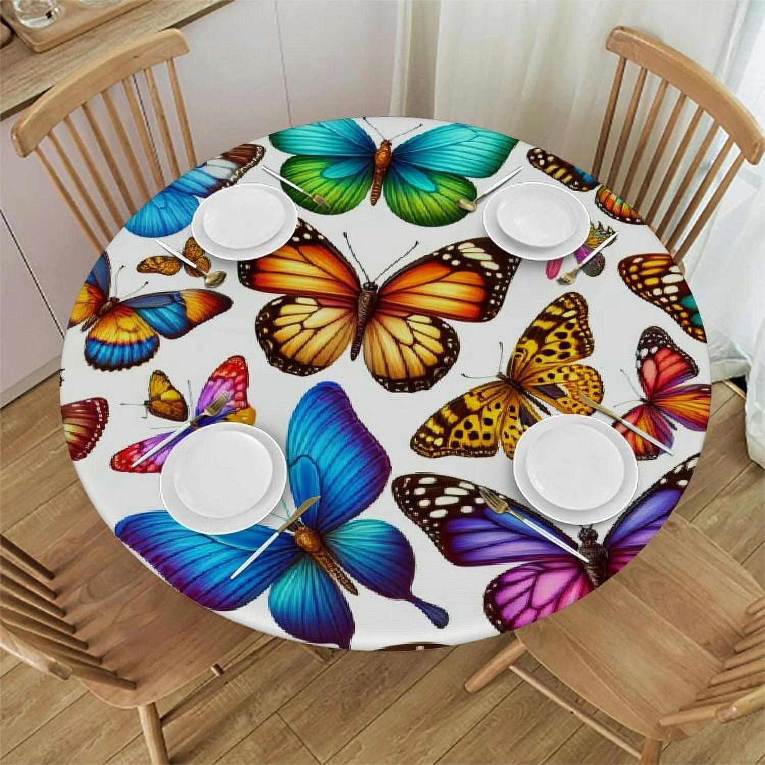 PIKWEEK  Fitted Round Tablecloth with Elastic Edge Wipe Clean Watercolor Butterfly Table Cloth for Outdoor/Indoor Use,Fits Round Tables