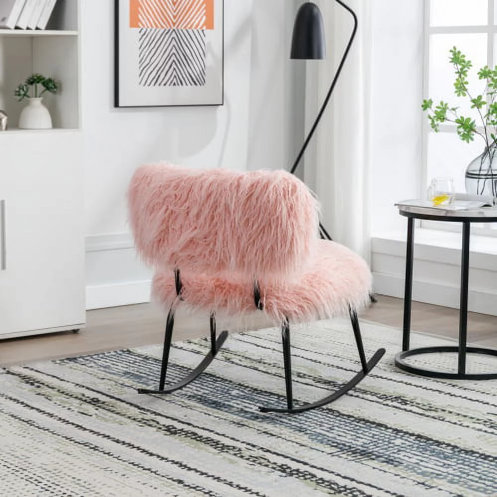 LEIYEHOOM 25.2‘‘ Wide Faux Fur Plush Nursery Rocking Chair  Baby Nursing Chair with Metal Rocker  Fluffy Upholstered Glider Chair  Comfy Mid Century Modern Chair for Living Room  Bedroom