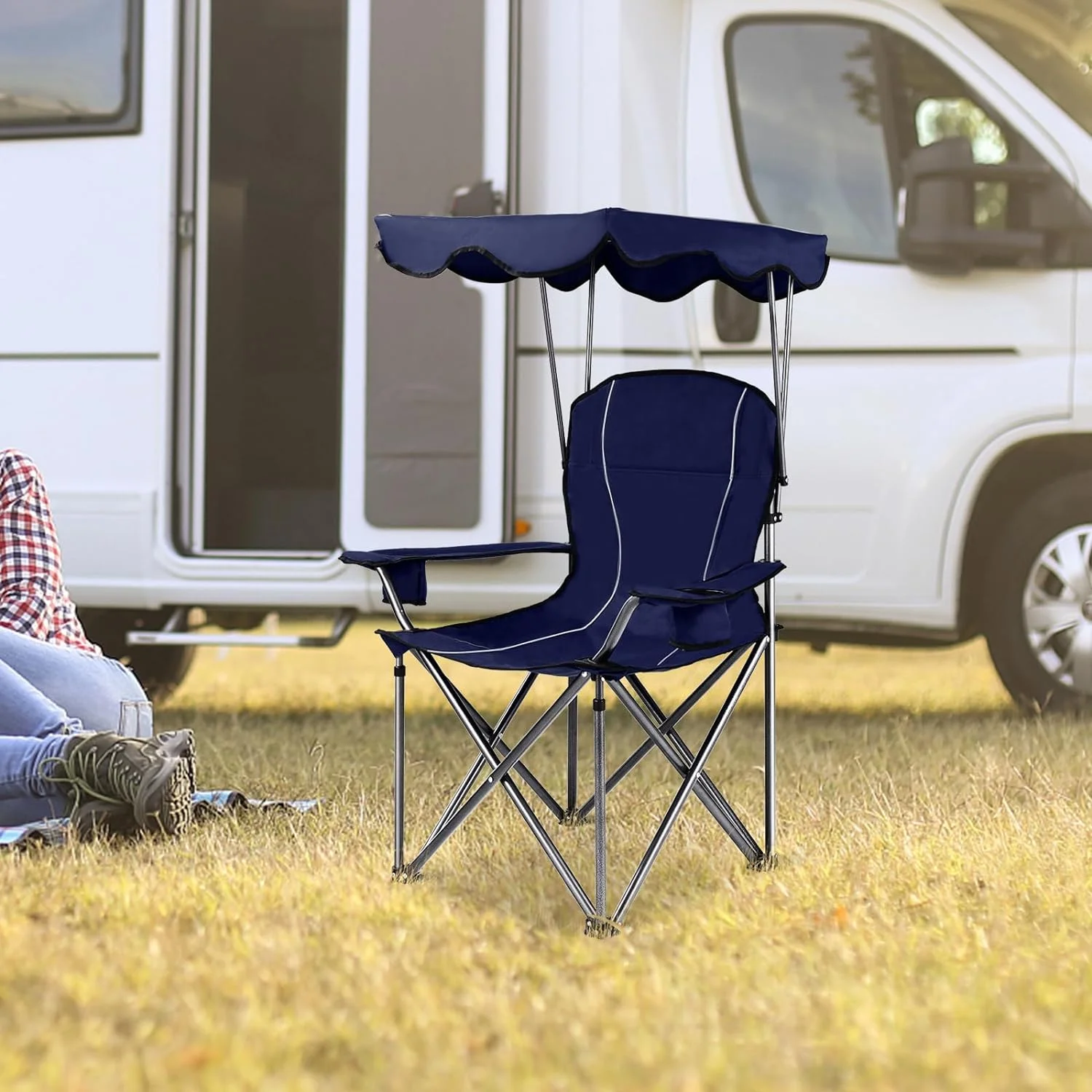 Beach Chair with Canopy Shade, Folding Lawn Chair with Umbrella Cup Holder & Carry Bag, Portable Sunshade Chair for Adults for Outdoor Travel Hiking Fishing (Blue)