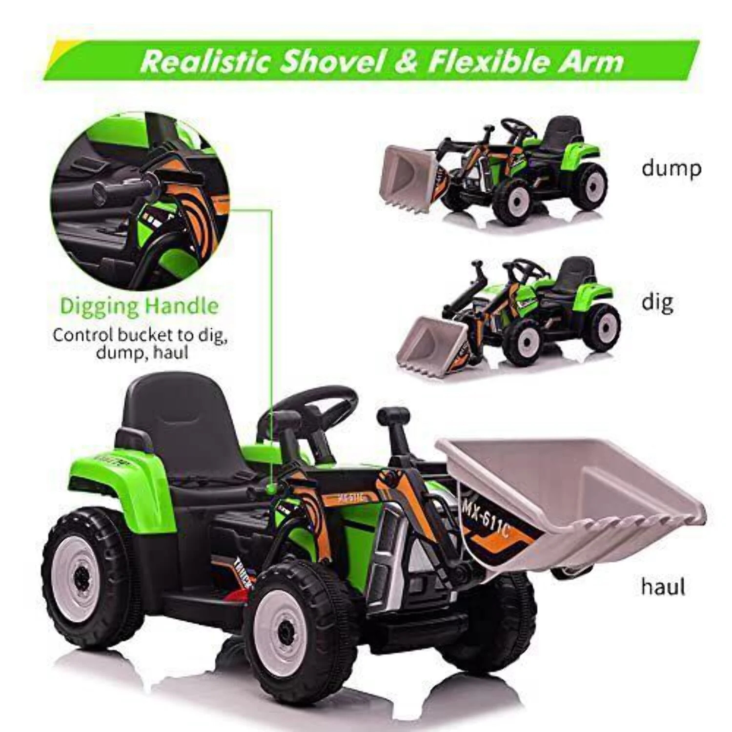 12V Battery-Powered Excavator Ride-On Toy with Music, Headlights, and Tractor Design - Perfect Gift for Kids
