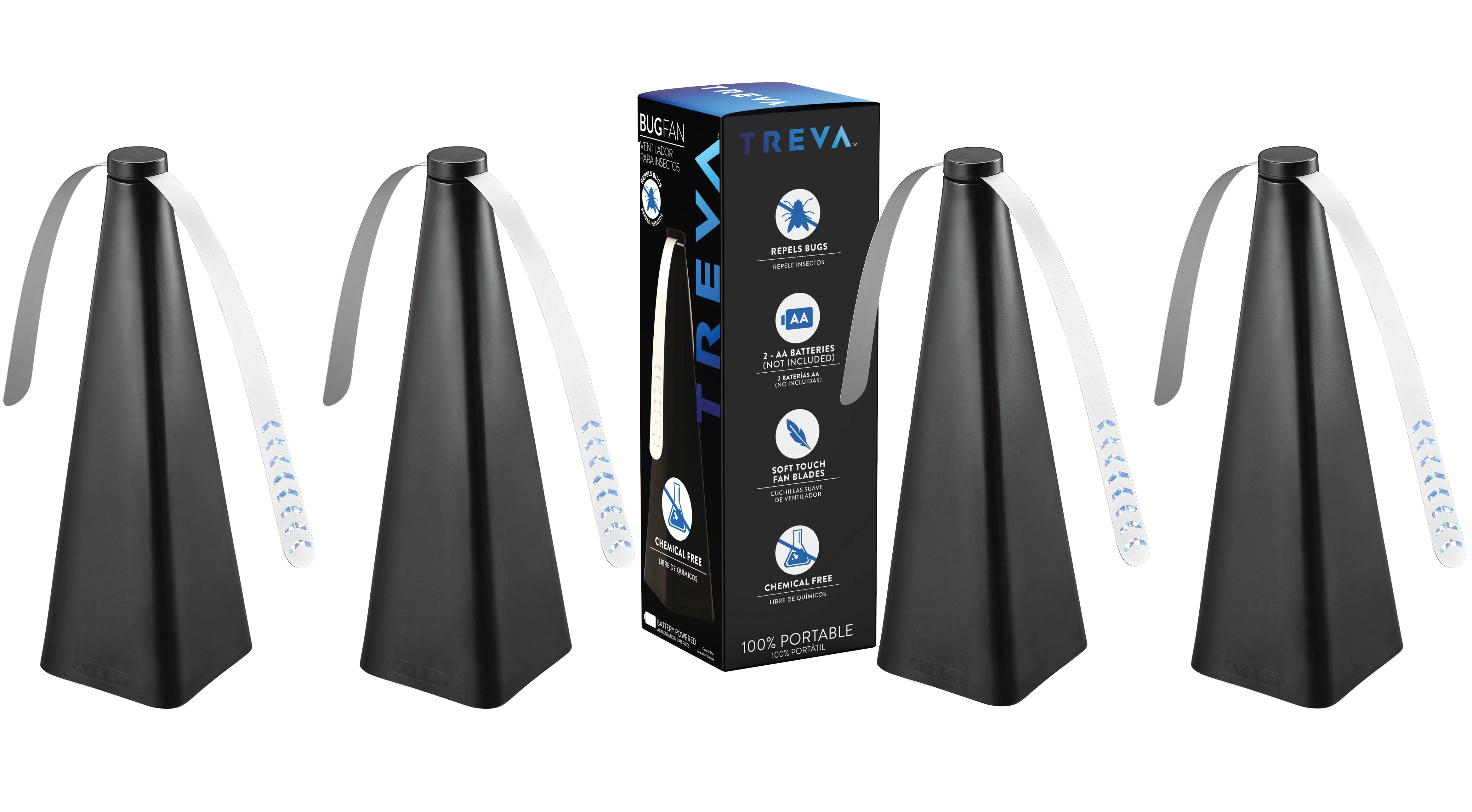 Treva Black Bug Repellent Fan, Soft Blade, Non-Toxic, Battery Powered, 4 Pack