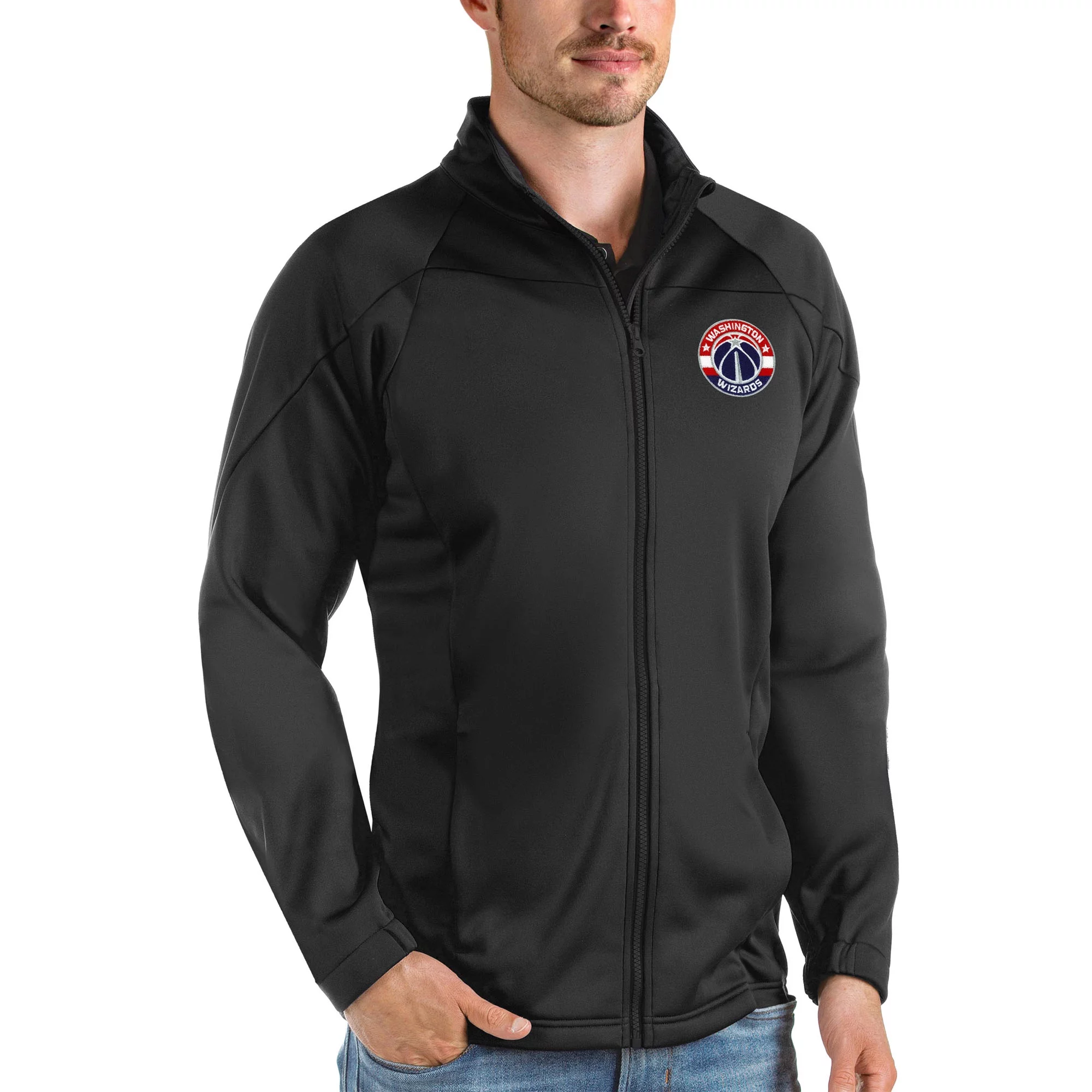 Men's Antigua Black Washington Wizards Links Full-Zip Golf Jacket