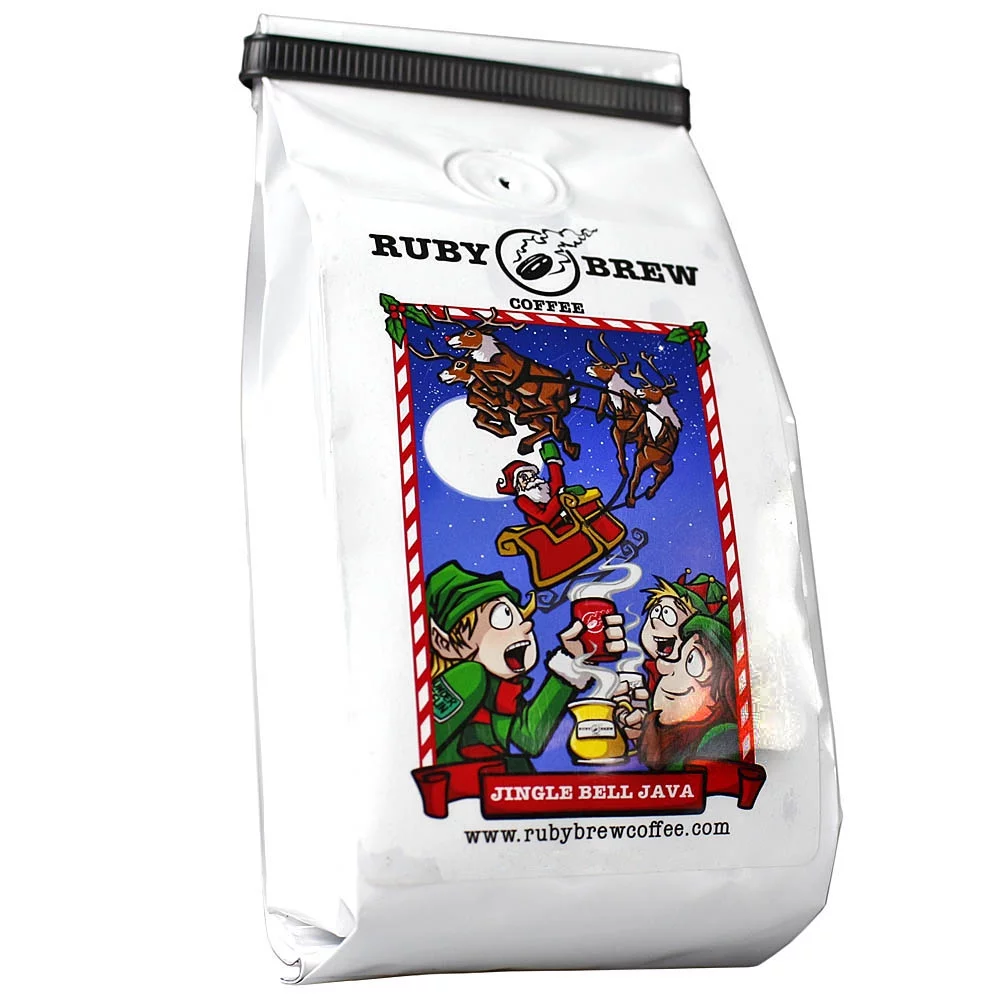 Ruby Brew Jingle Bell Java Coffee Blend Ground Medium Roast Caramel Rum Pecan Cinnamon and Vanilla 8 oz