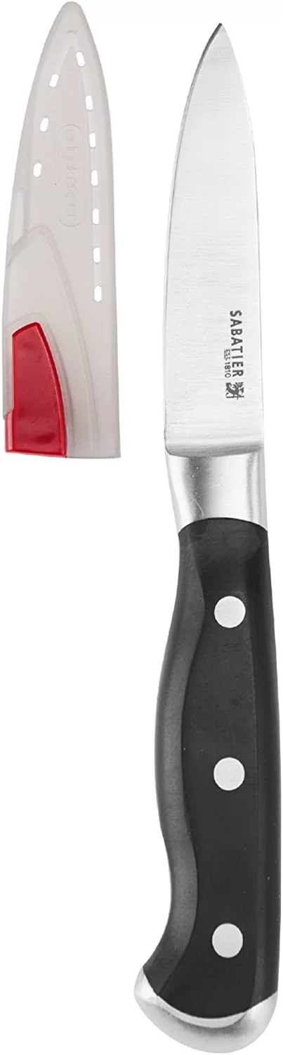 Sabatier Forged Triple-Rivet Paring Knife with Self-Sharpening Blade Cover, 3.5-Inch, Black