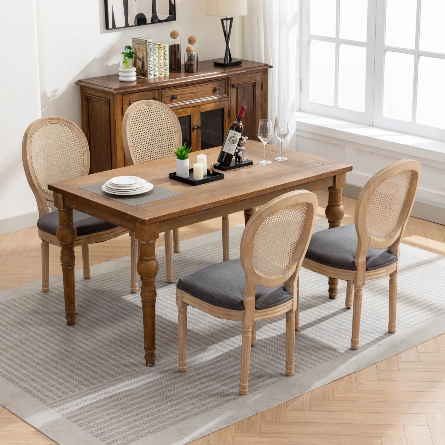 CGFHYP &  French Style Solid Wood Frame Antique Painting Linen Fabric Rattan Back Dining Chair  Gray