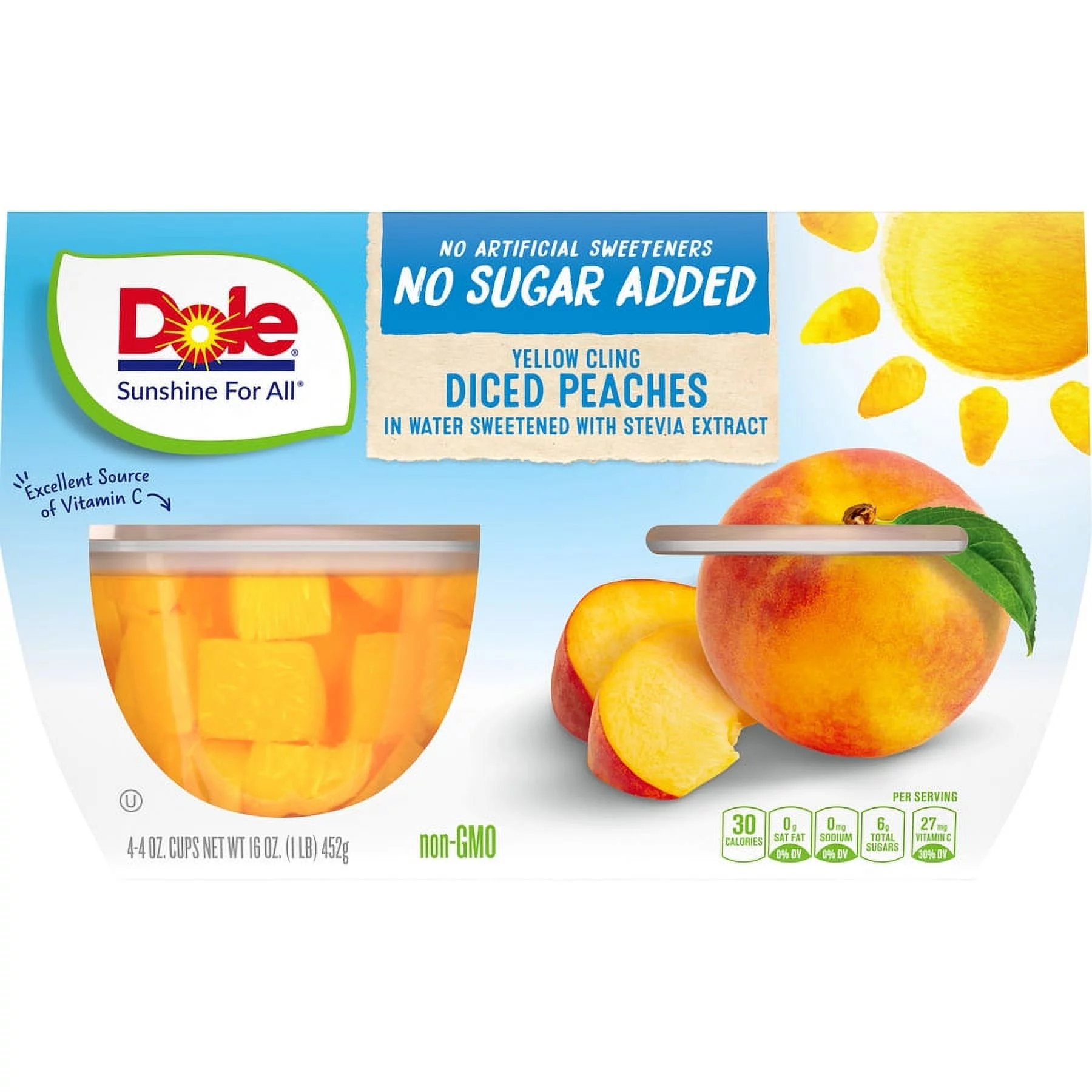 Dole No Sugar Added Yellow Cling Diced Peaches Fruit Bowls, 4oz (4 Cups)