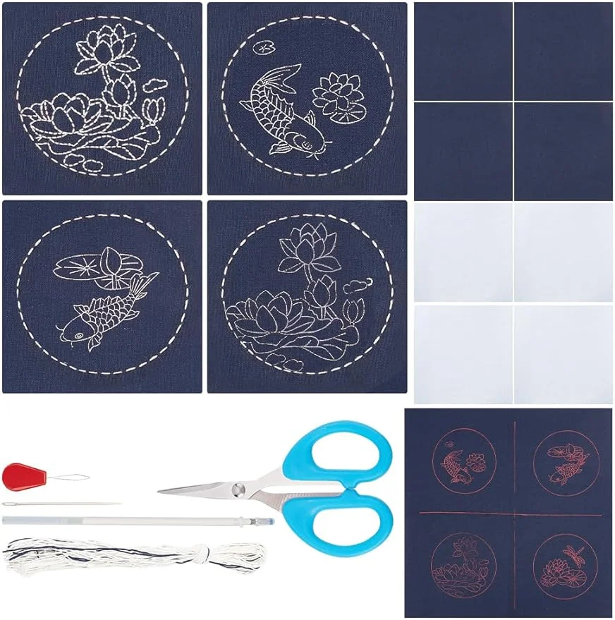 4 Set Sashiko Coasters DIY Kit with Instructions Sashiko Kit for Beginners Lotus&Koi Carp Sashiko with Embroidery Hoop Coasters for Housewarming Gift