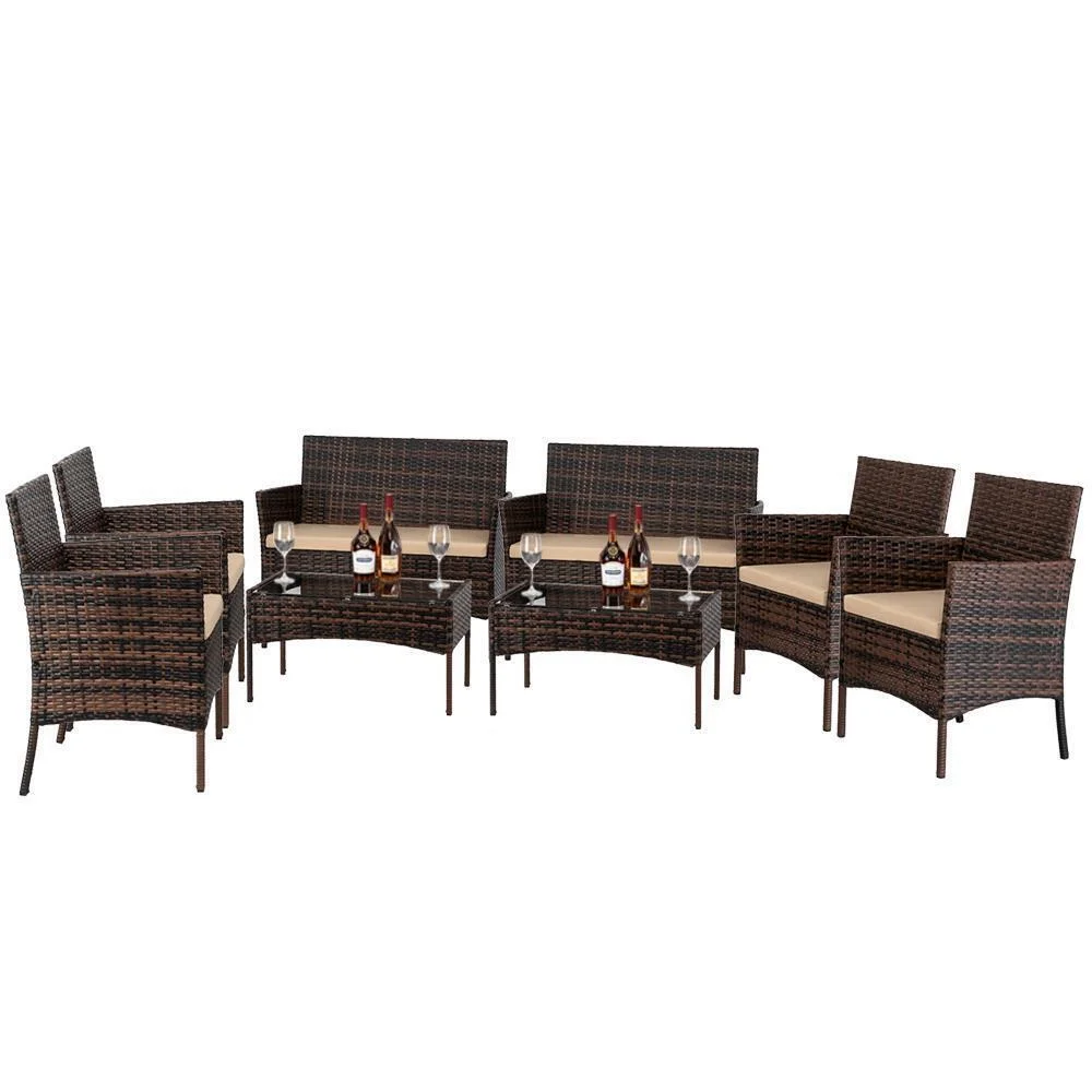 Set of 8 Patio Rattan Conversation Furniture Set Lawn Wicker Chair with Cushions