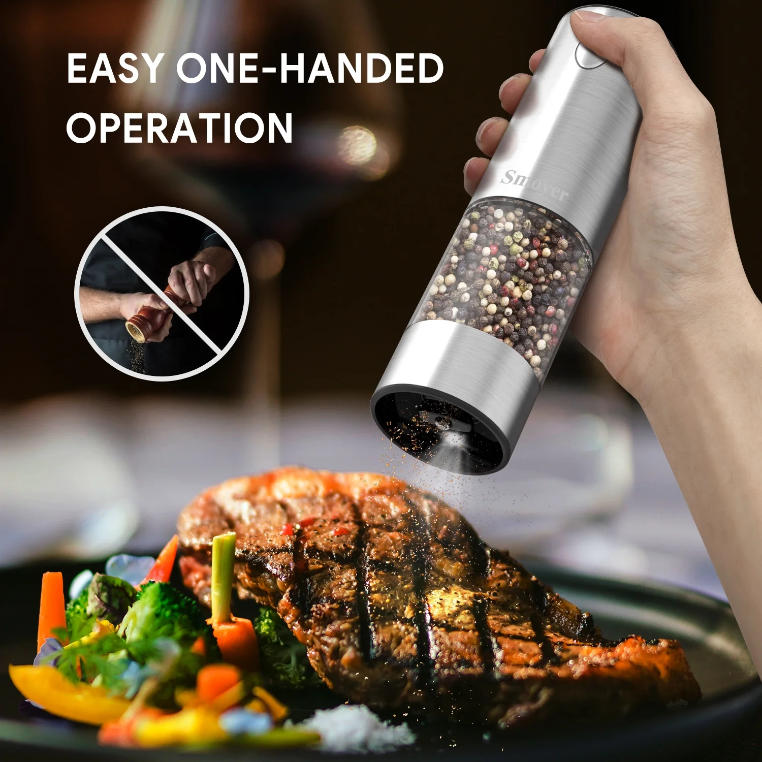 Smoyer 2 Pack Premium Stainless Steel Electric Salt and Pepper Grinder Mills Set,  Sliver