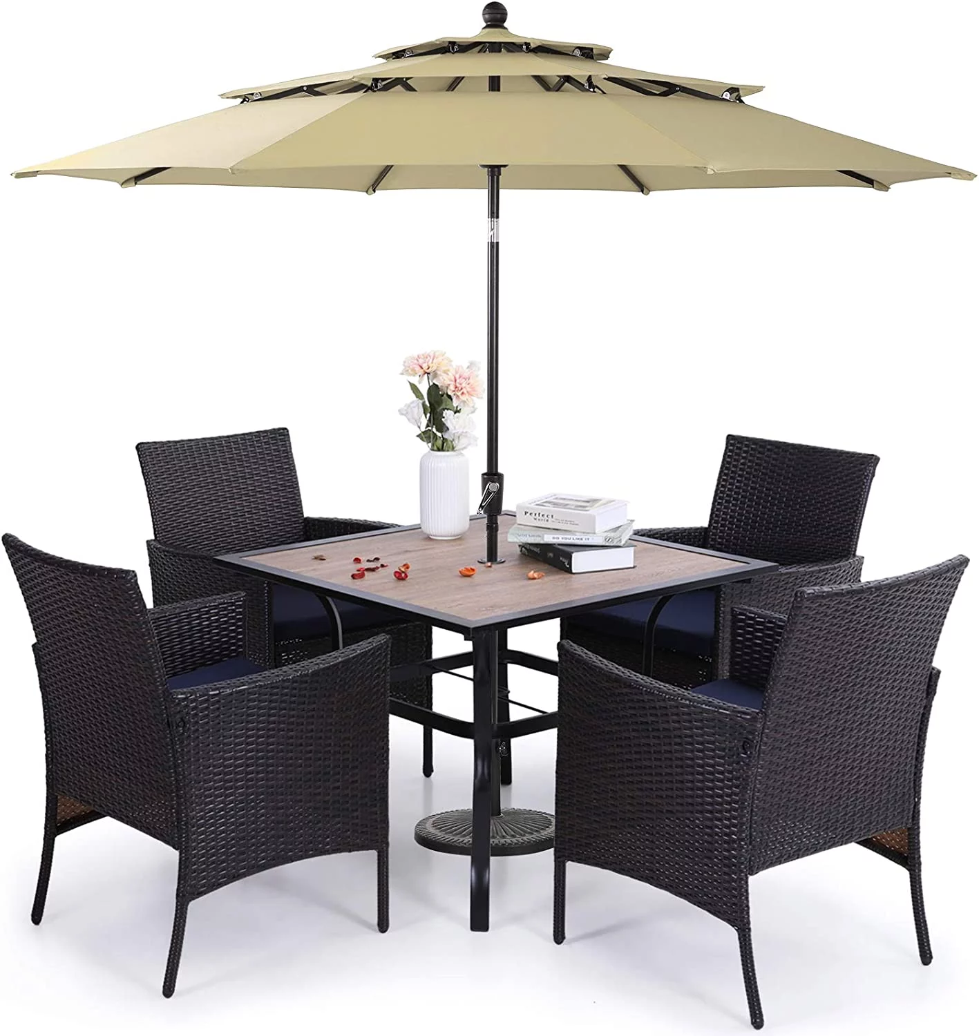 & William Outdoor 6 Pieces Dining Set with 4 Rattan Chairs  1 Wood-Like Metal Table and 1 10ft 3 Tier Auto-tilt Umbrella(No Base) Red  Modern Patio Furniture for Poolside  Porch  Pati