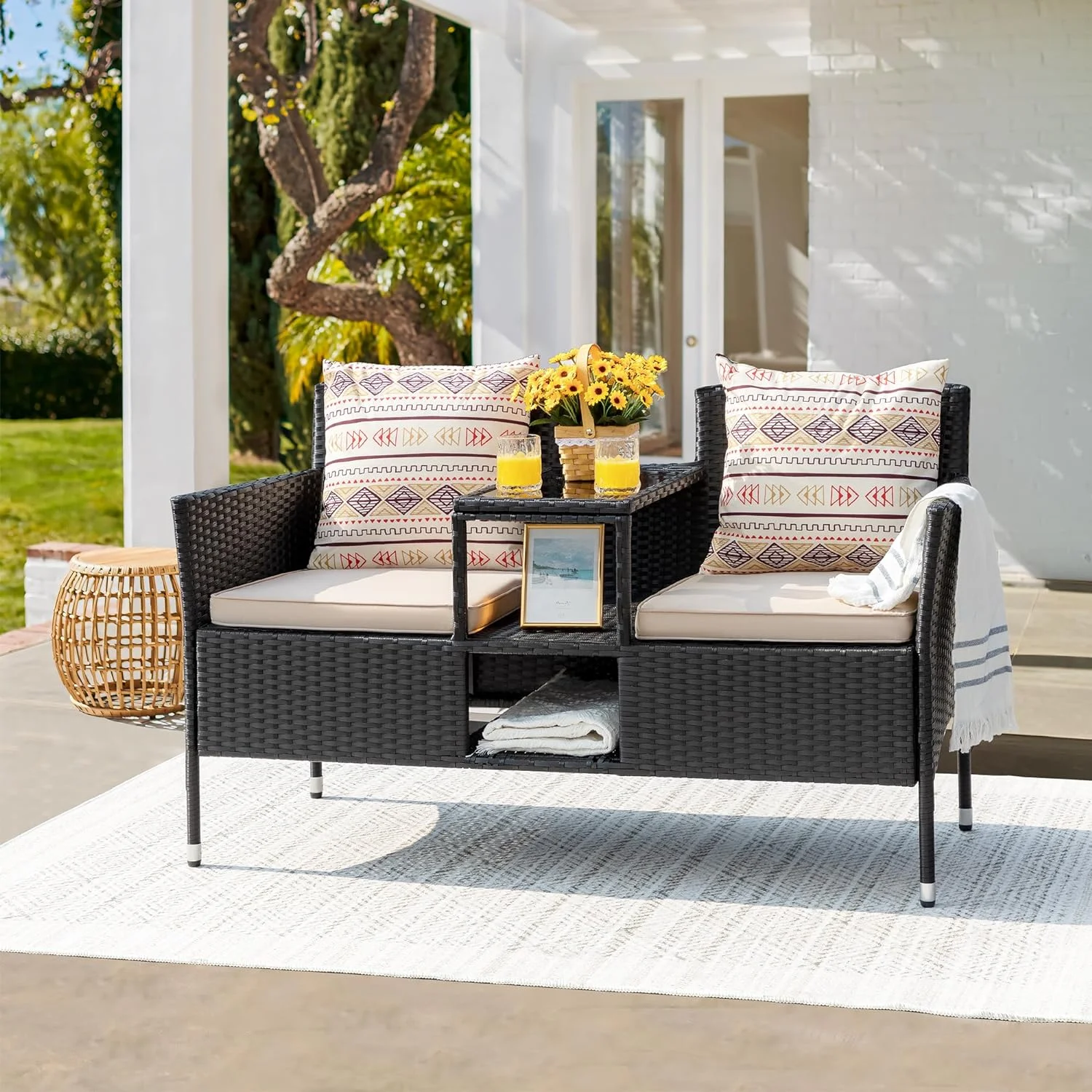 YPDCHB VGYUIJN Outdoor Patio Loveseat Modern Rattan 2-Seat Patio Conversation Set with Cushions & Built-in Coffee VGYUIJN Porch VGYUIJN for Garden Lawn Backyard (Blue)
