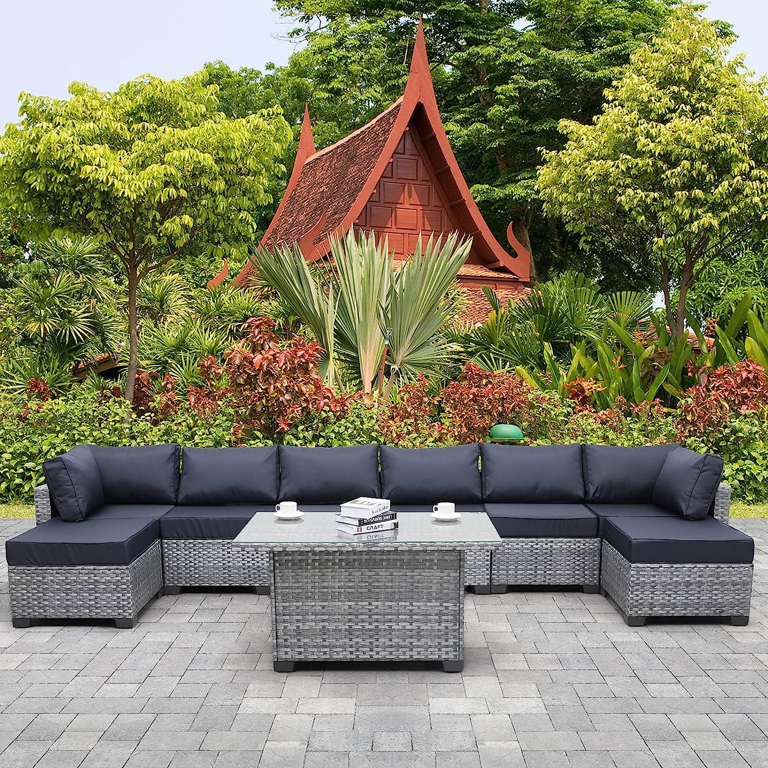Outdoor Patio Silver Gray Rattan 9 Piece Sectional  Set PE Wicker Conversation Sofa Chairs with Glass Top  Table Navy Blue Cushion and Free  Cover