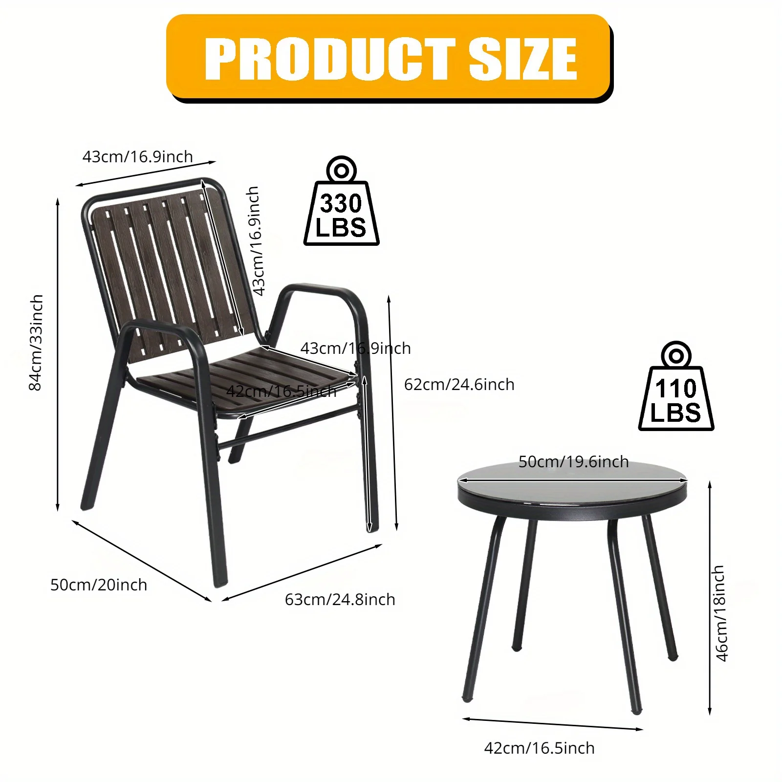 3pcs Patio Bistro Set of Foldable Round Table and Chairs