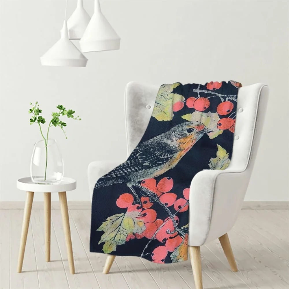 Ullo0ord Robin Birds Throw Blanket Rowan Branches Throw Blanket for Bedroom Sofa Couch Car Deck Chair Soft Flannel Fleece White
