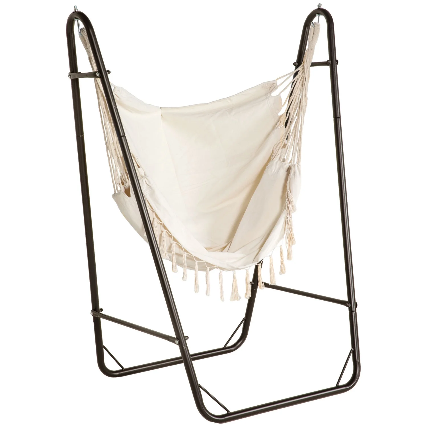SQEWRED Patio Hammock Chair with U Shape Stand  Outdoor Hammock  Hanging Lounge Chair with Side Pocket  Brown/Cream