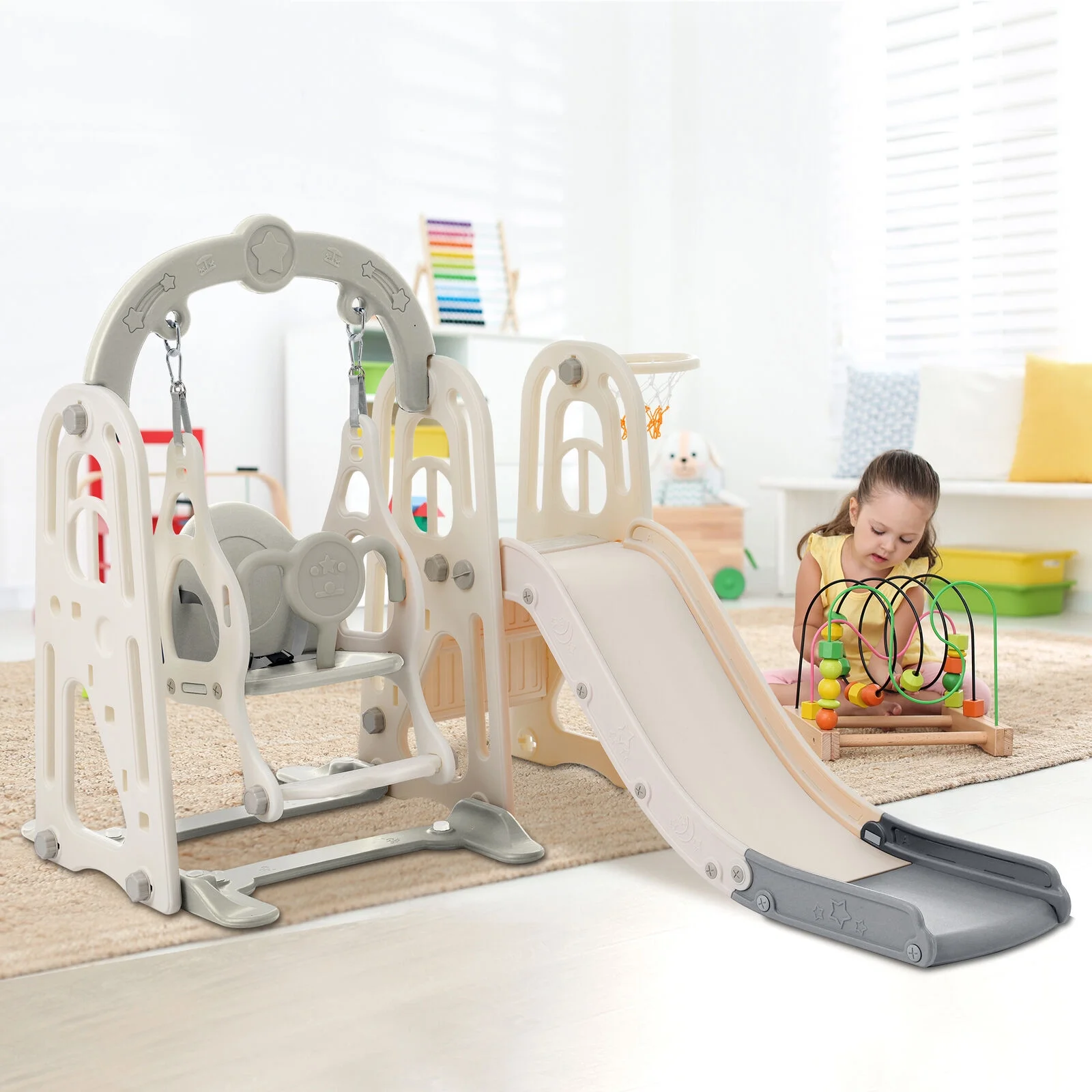 Toddler Slide Swing Set 3 in 1,Kid Playground Climber Slide Playset ball Hoop