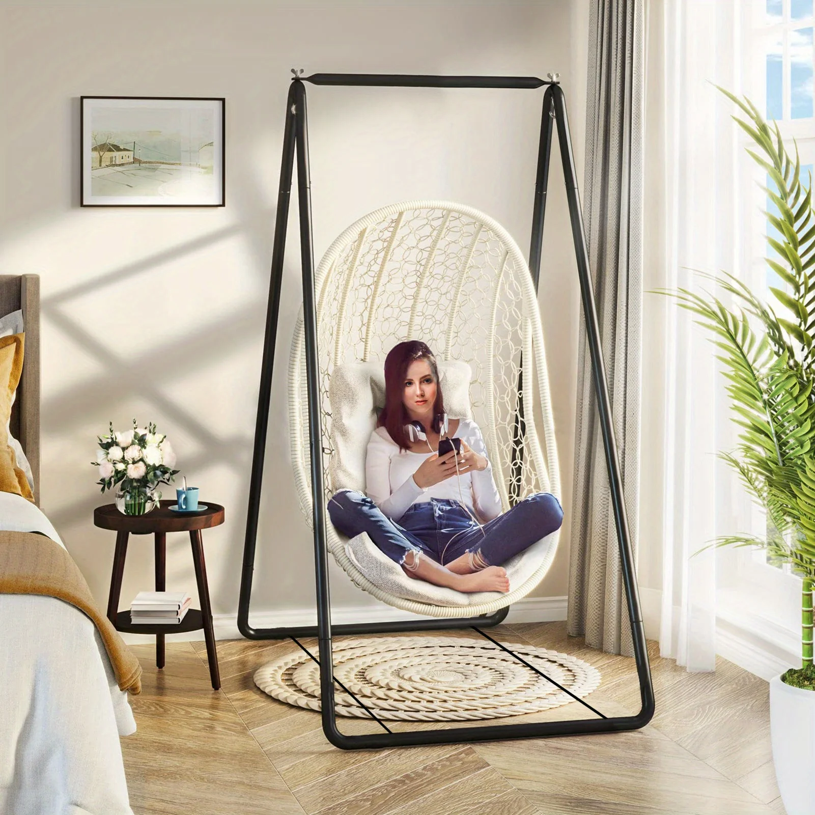 Indoor/Outdoor Hammock Swing Frame, 35.46x33.49x57.13 Inches Metal Stand for Hanging Chair, Easy Installation, Strong Load Bearing Capacity, Ideal for Balcony & Patio - Swing Chair Not Included