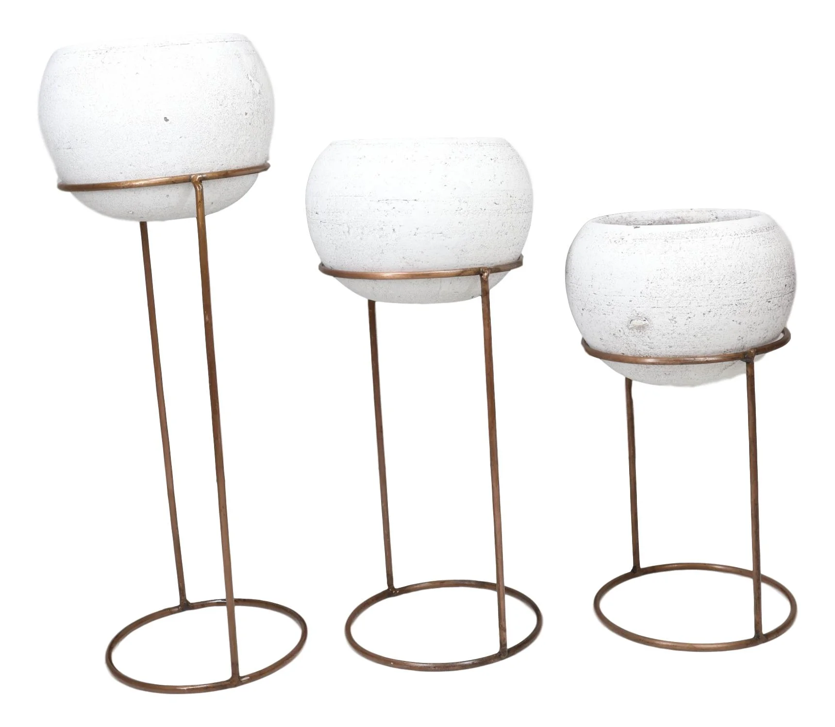 Set of 3 Modern 3 White Clay Vessel Planter Pots With Metal Wire Stands