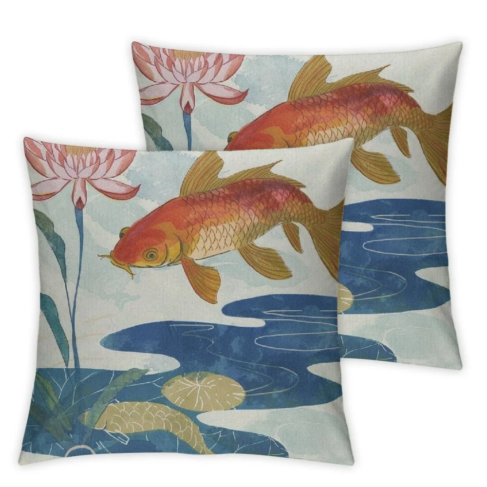 Nawypu  Lotus Koi Pond Flower Pillow Covers Fish Outdoor Lumbar Indoor Decorative Throw Pillows,Set of 2 White
