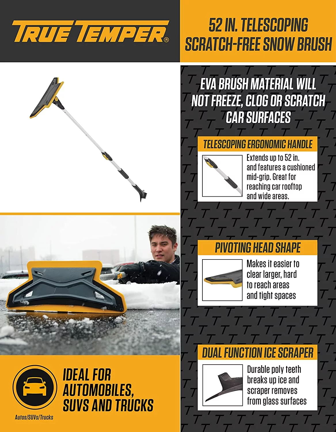 True Temper ABTT5212 Telescopic Auto Snow Brush EVA Foam, 36