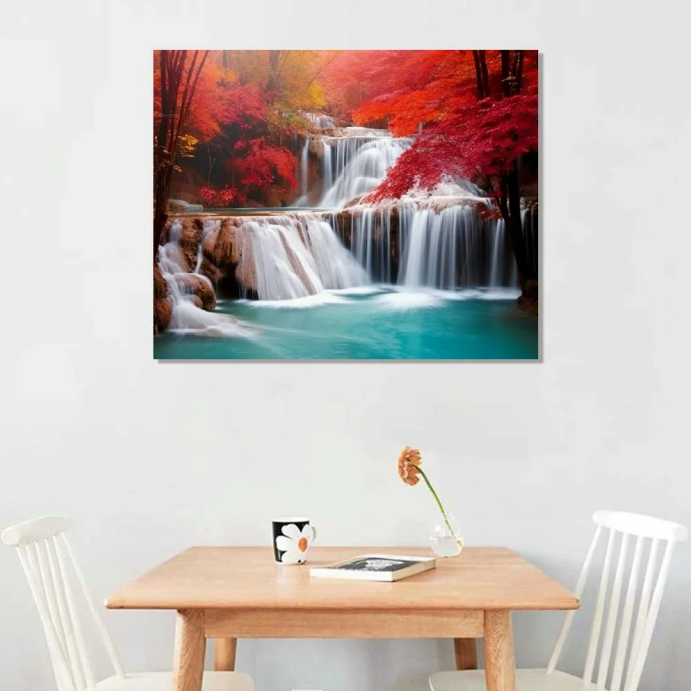 Chilfamy Red Waterfall Wall Art Waterfall Landscape Picture Forest Tree Wall Art Waterfall Painting Red Tree Pictures Wall Decor Nature Scenery Posters Modern Landscape Artwork for Office 20x16