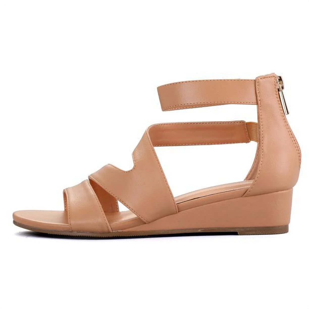 Pennysue Women's Brown Pu Open Toe Shoes Ankle Strap Low Wedge Sandals 6M