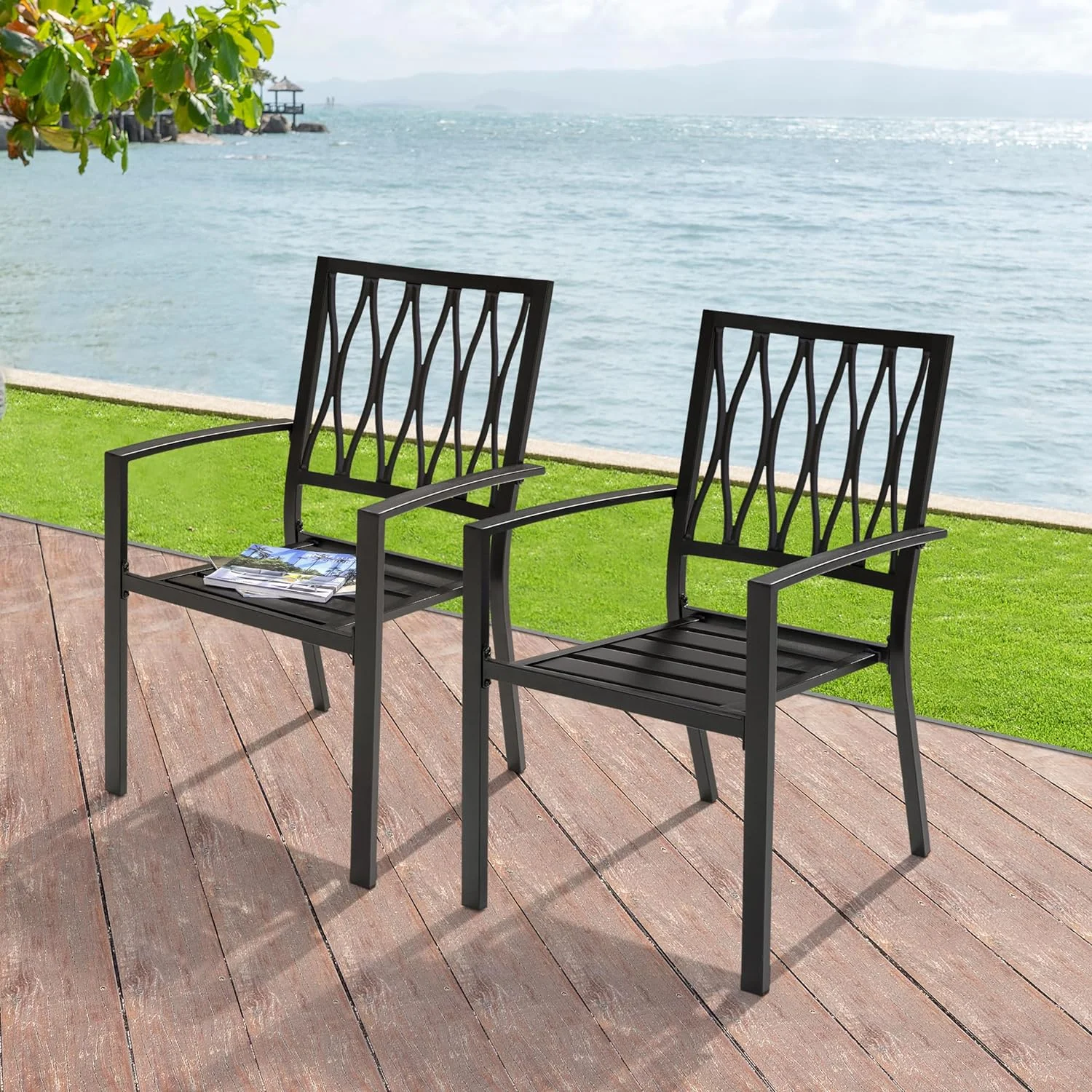 2 Piece Patio Dining Chairs, Stackable Outdoor Dining Chair With Metal Frame, Bistro Patio Chairs For Backyard Lawn Deck Poolside Porch, Black