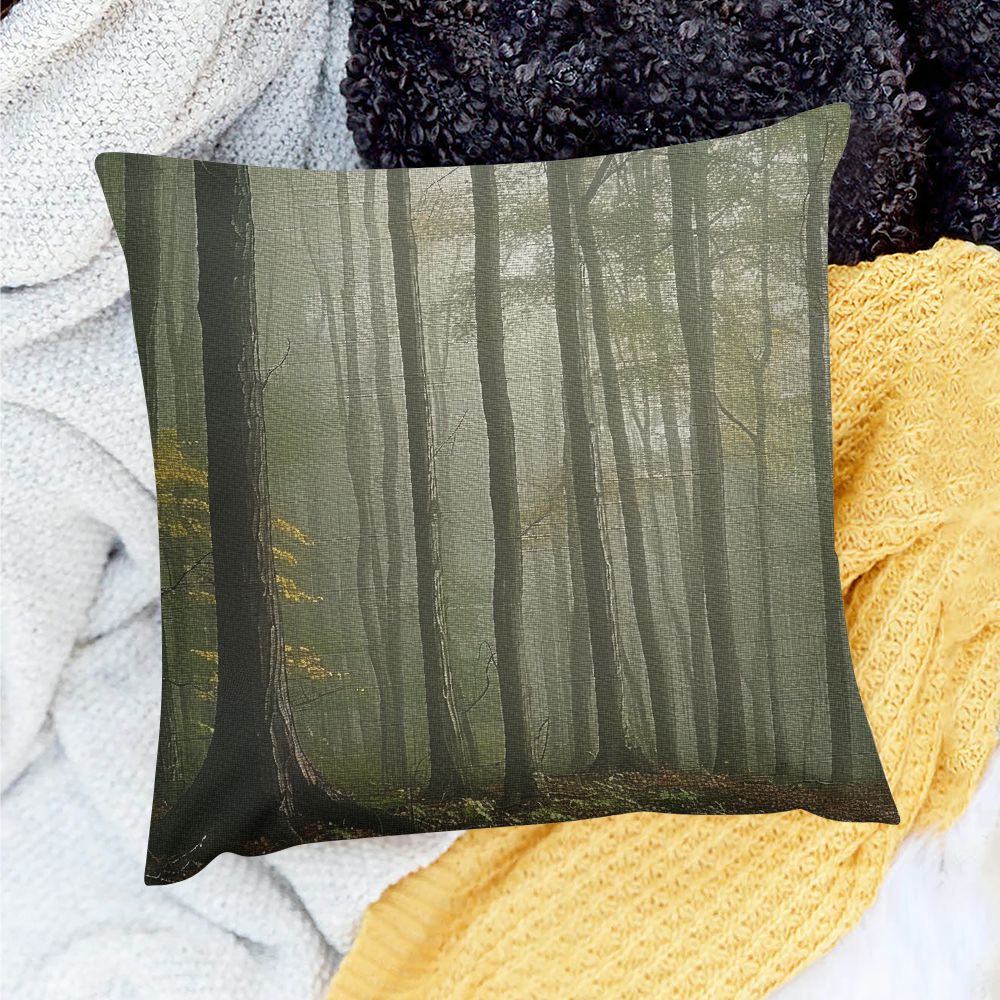 Ollo0ord Throw Pillow Cover Linen Farmhouse Autumnal Mystery Mist Woods Landscape Spruce Forest Dense Fog Colour Nature Tree Fall in Woodland Decorative Square Cushion Case for Sofa Car Bedroom  White