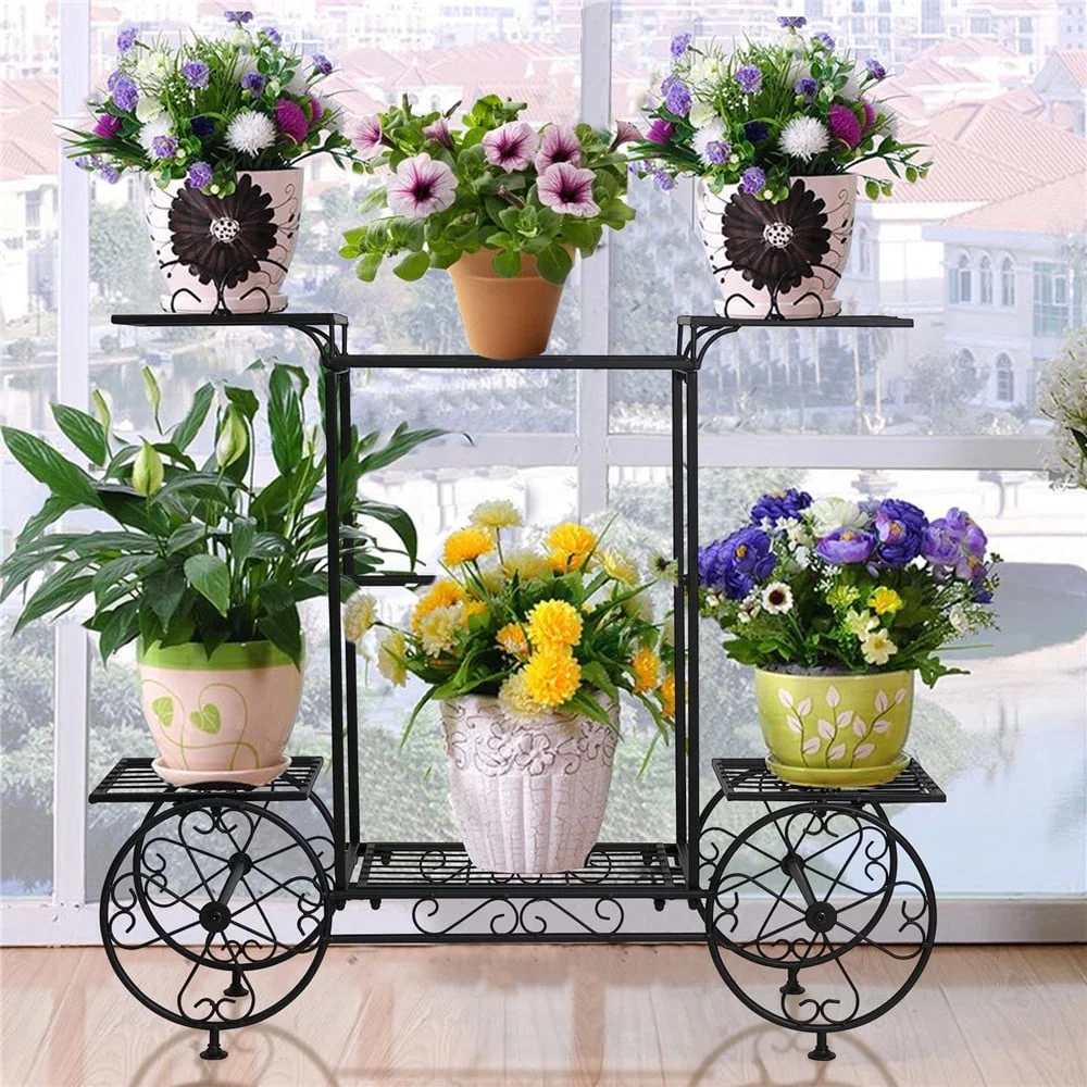 Large Metal Garden Cart Plant Stand Anti-rust Flower Display Rack Holder for Indoor Outdoor